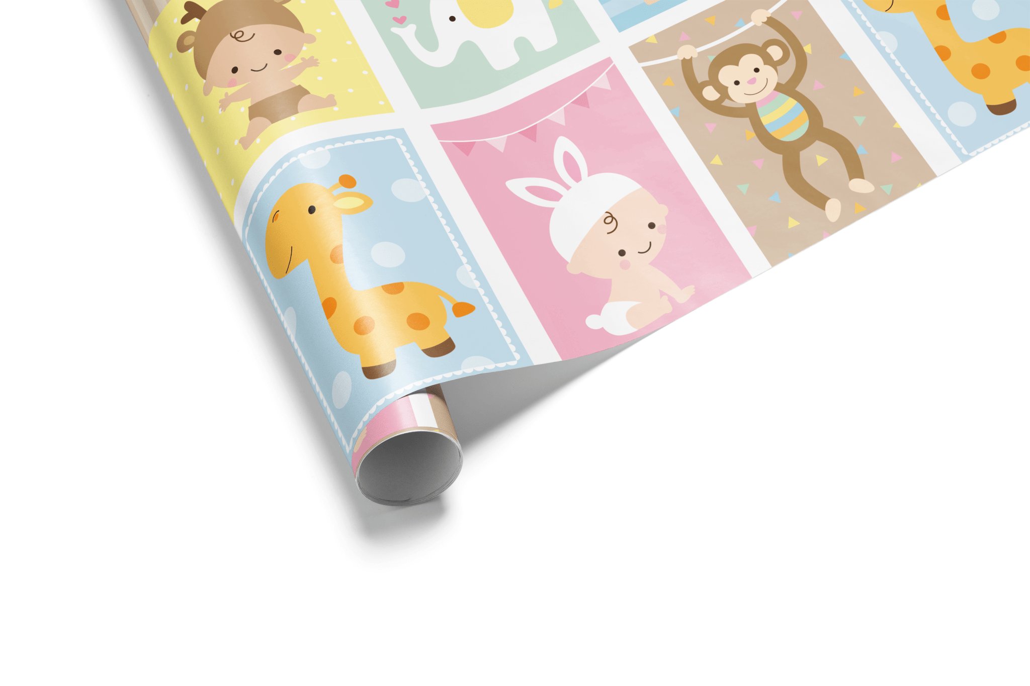 Block-pattern baby shower wrapping paper featuring six panels of cartoon babies dressed as a monkey, giraffe, elephant, and other safari animals in soft pastel colors.