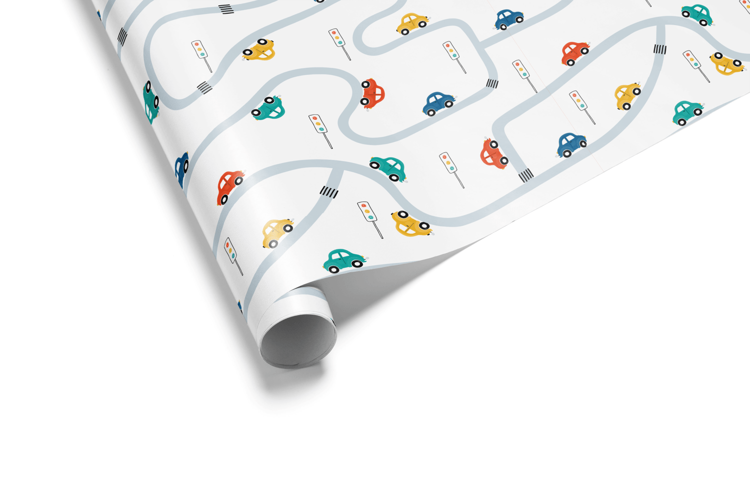 White wrapping paper with a scattered pattern of small, colorful cartoon cars (red, blue, yellow) driving on a winding gray road pattern, ideal for boy birthday wrapping paper.