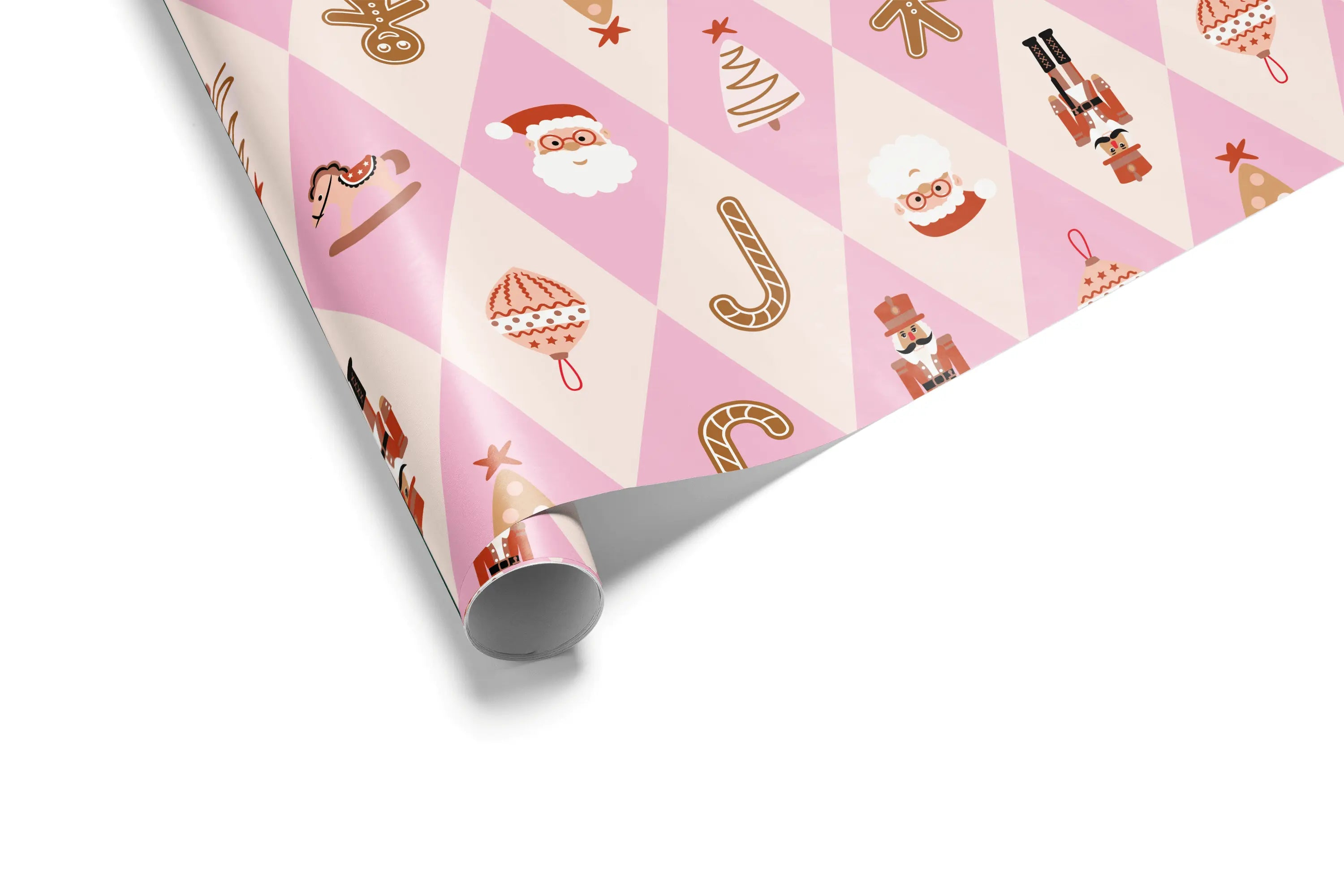 Haus of Wrap Sugar Plum Diamond wrapping paper—elegant pink gift wrap with Santa, nutcrackers ornaments for holidays or birthdays.