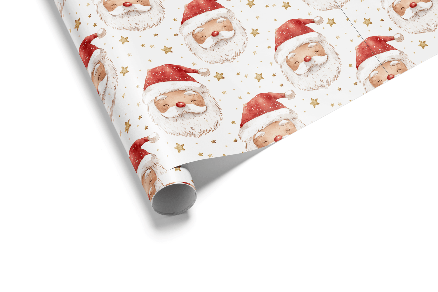 White Christmas wrapping paper with a dense, repeating pattern of cartoon Santa Claus faces wearing red hats and small gold stars.