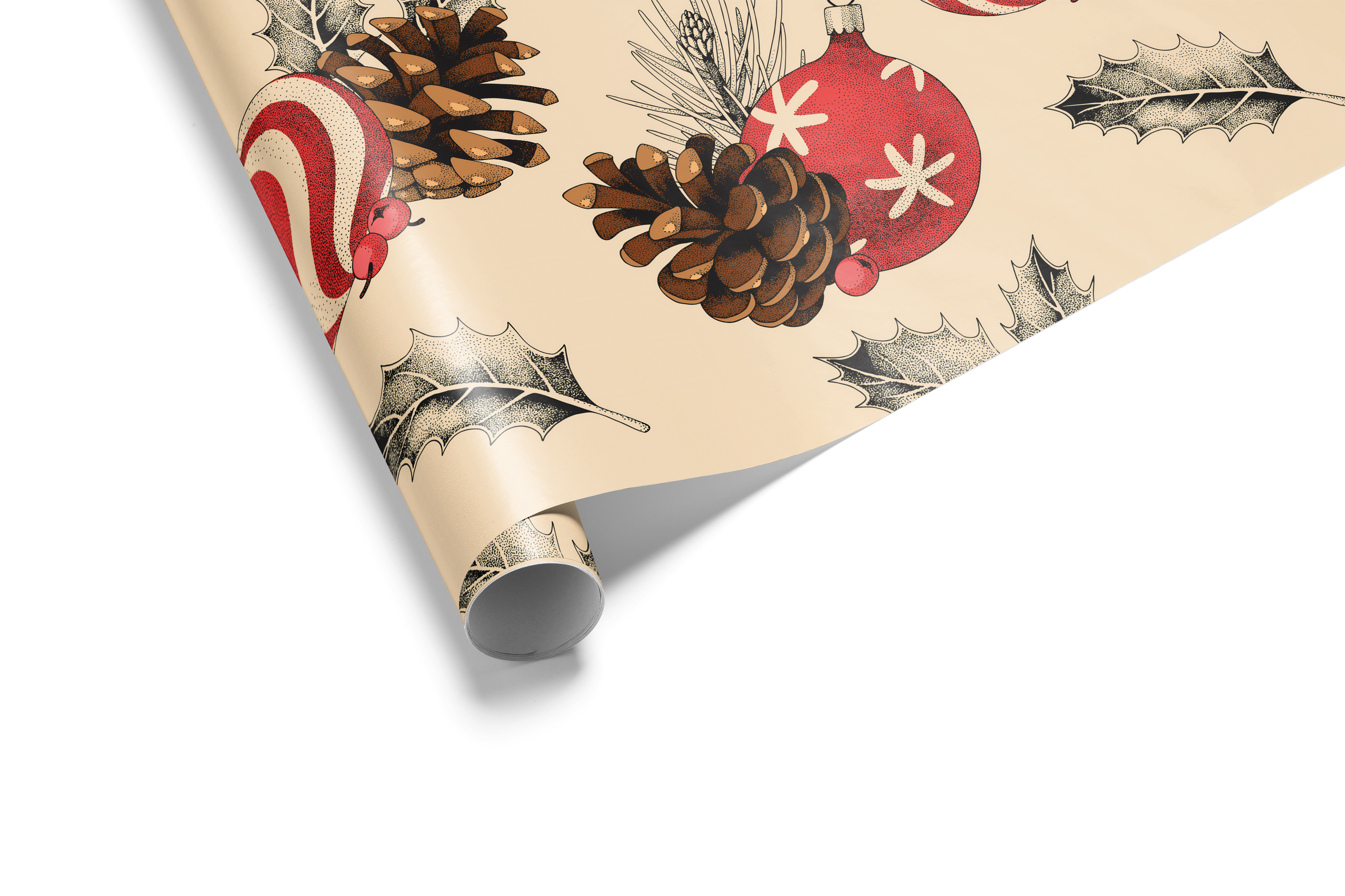 Cream-colored Christmas wrapping paper with a vintage pattern of red striped ornaments, brown pinecones, and holly berry wrapping paper.