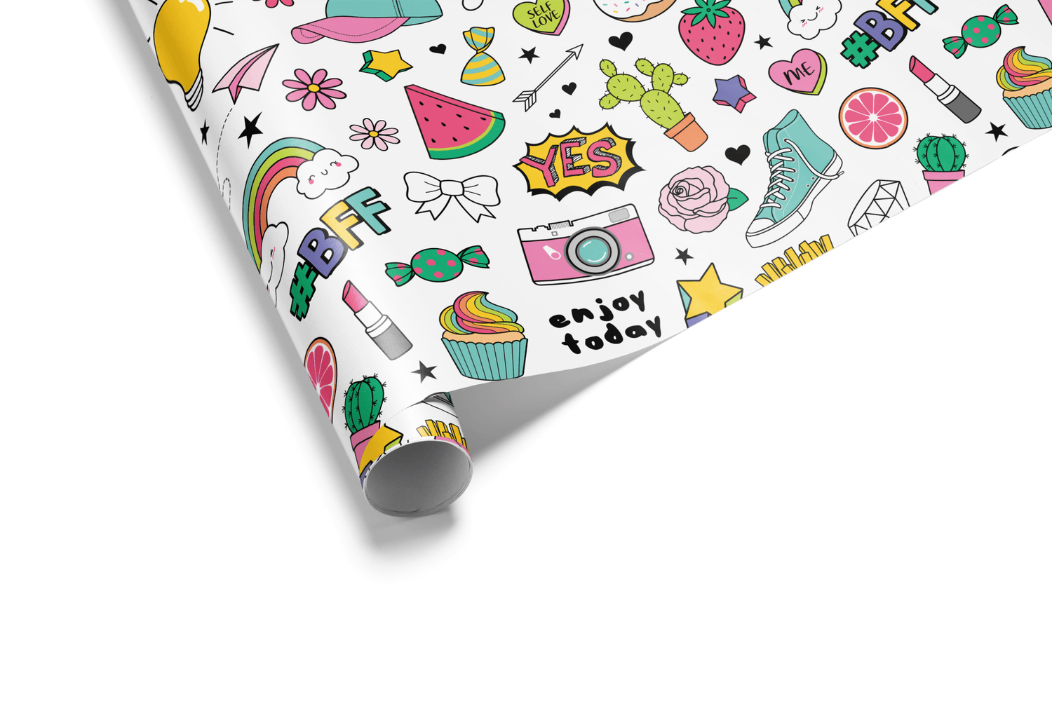 White wrapping paper with a dense, colorful pattern of hand-drawn doodles including donuts, ice cream, and speech bubbles, ideal for fun birthday wrapping paper.