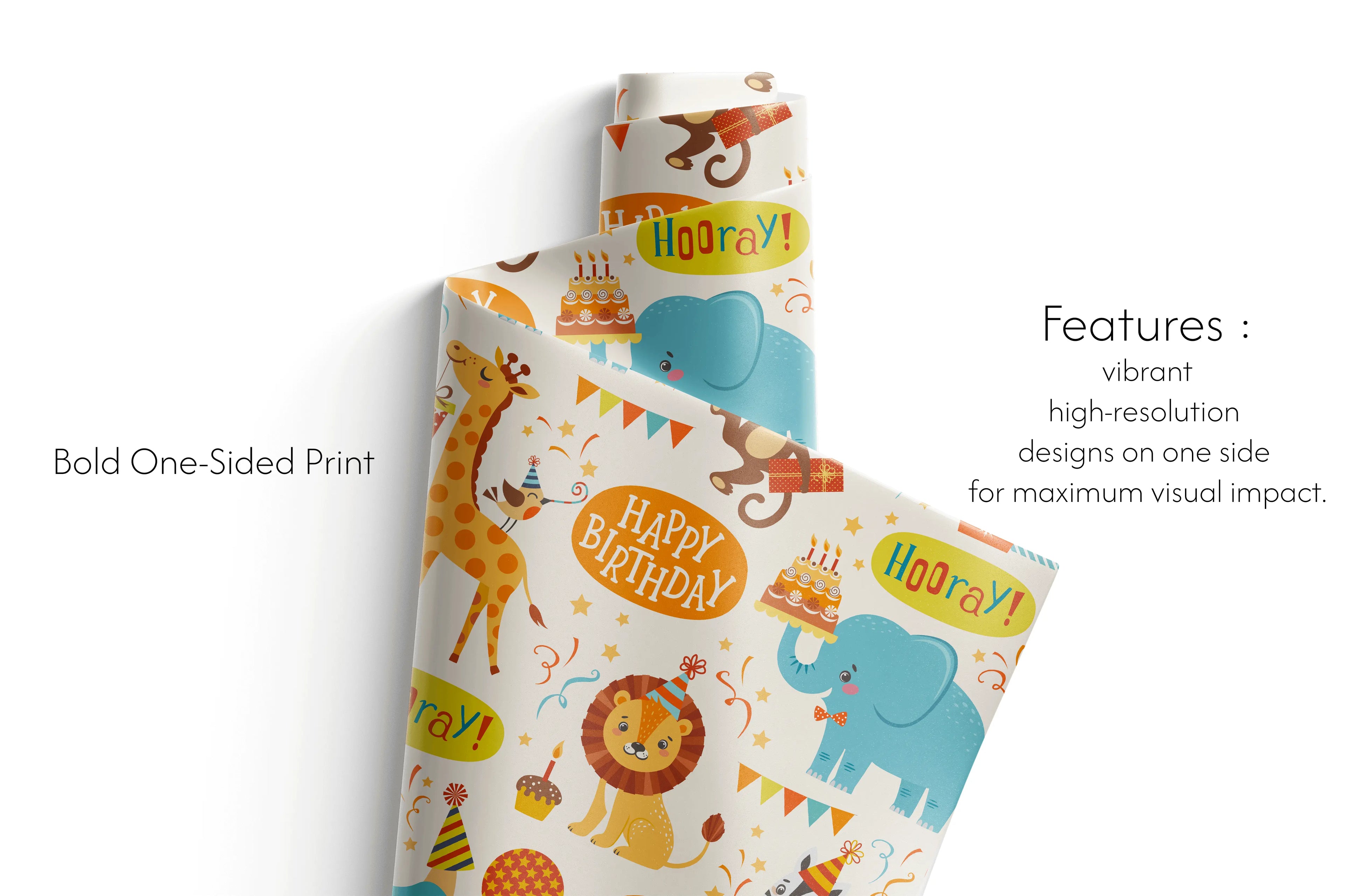Haus of Wrap vibrant Party Animals gift wrap with balloons and cakes, perfect for birthdays, holidays, or weddings.