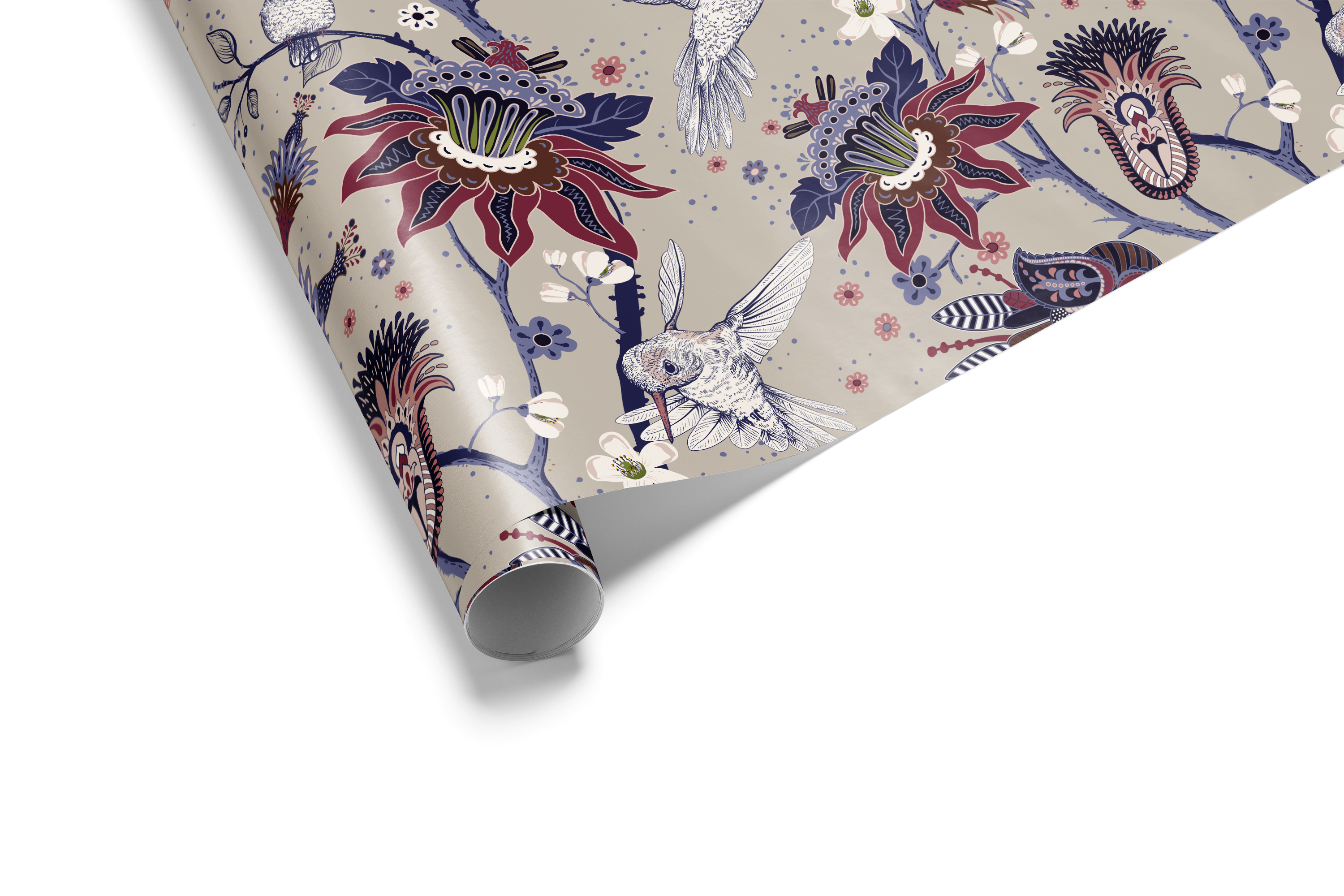 Taupe wrapping paper with a dense pattern of detailed white hummingbirds and birds, with stylized blue, burgundy, and white floral and paisley motifs.