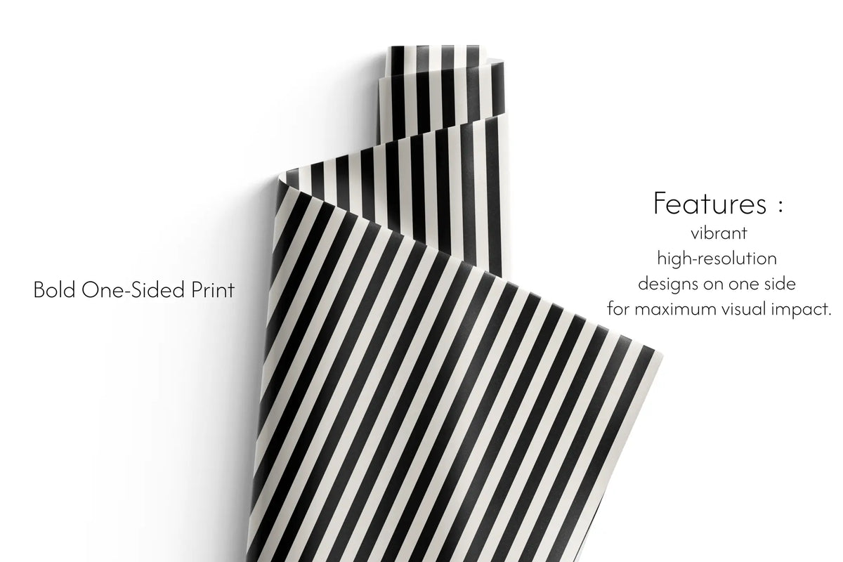 Haus of Wrap Black Awning gift wrap—chic black white stripes, perfect for birthday, holiday, or wedding presents.
