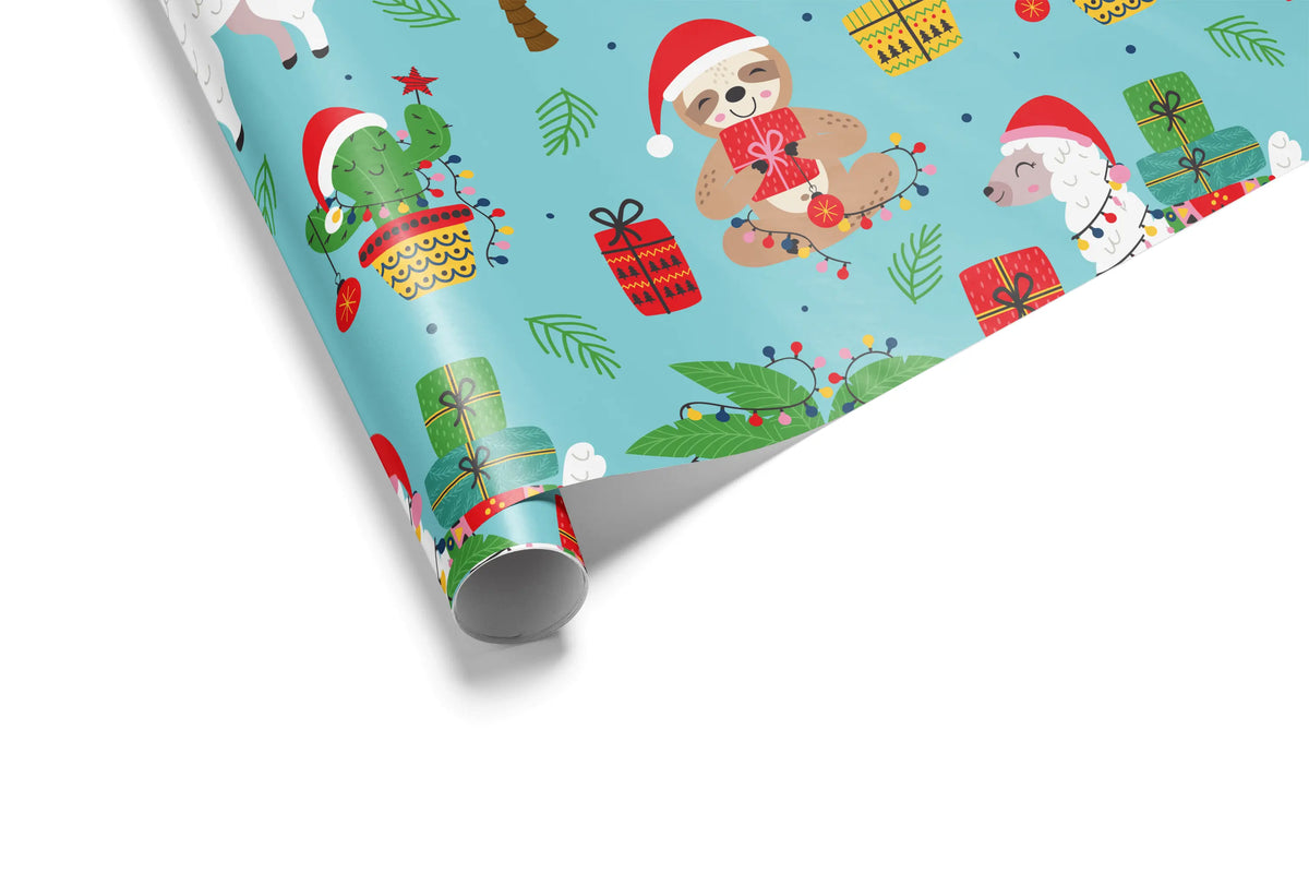 Haus of Wrap vibrant holiday gift wrap with playful llamas, sloths, cacti gifts in Santa hats—perfect for birthdays or Christmas.