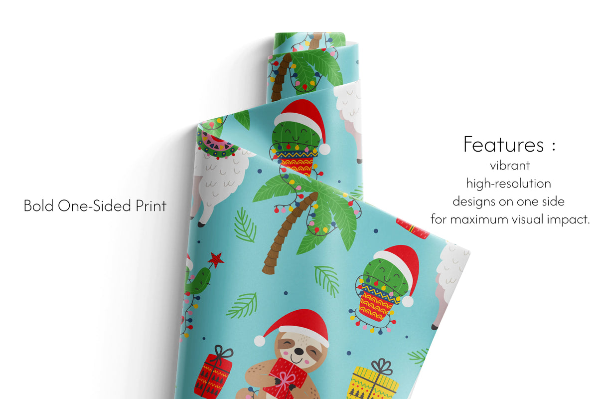 Haus of Wrap Deck the Palms: chic holiday gift wrap with sloths, llamas gifts on blue—perfect for birthdays or festive occasions.
