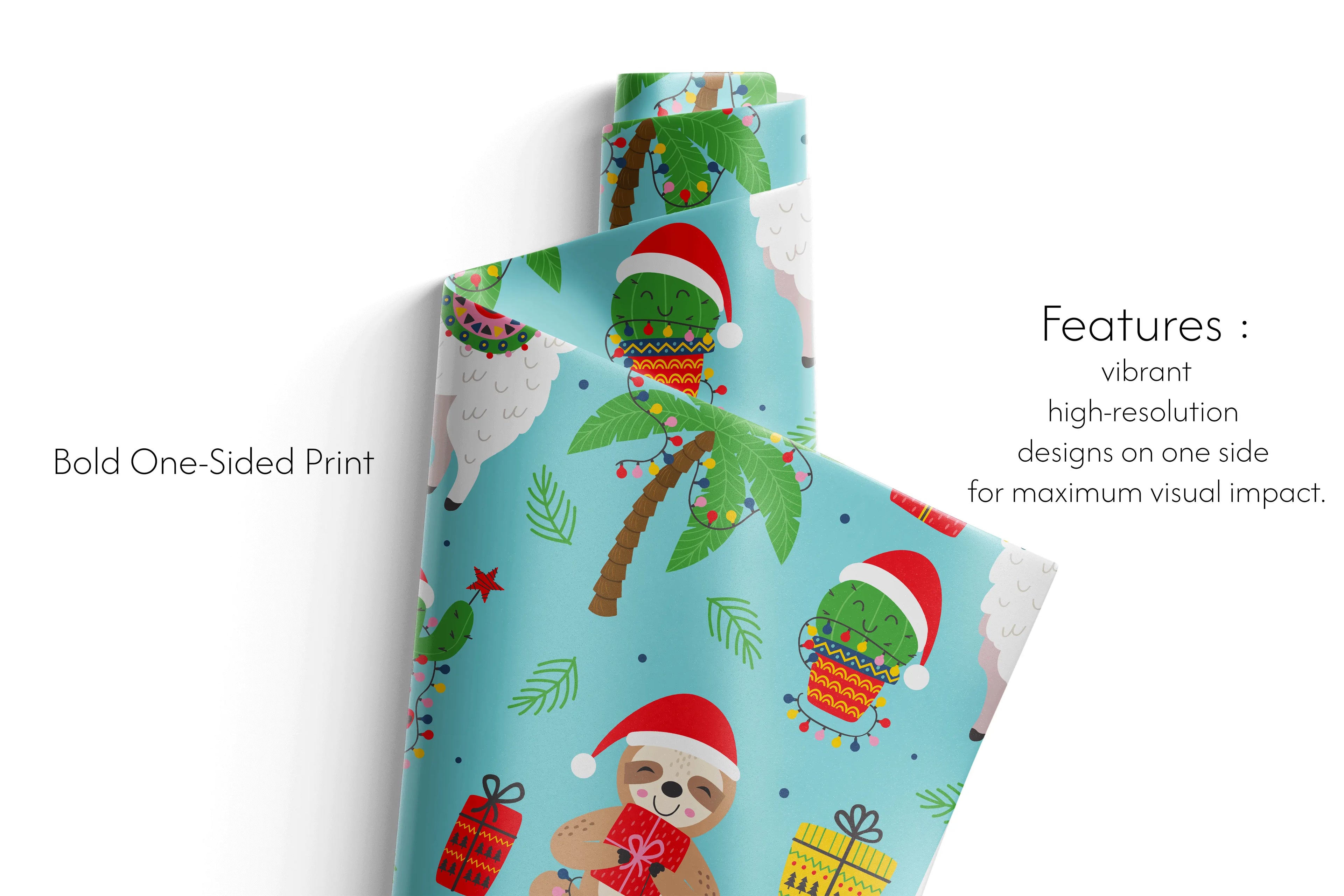 Haus of Wrap Deck the Palms: chic holiday gift wrap with sloths, llamas gifts on blue—perfect for birthdays or festive occasions.