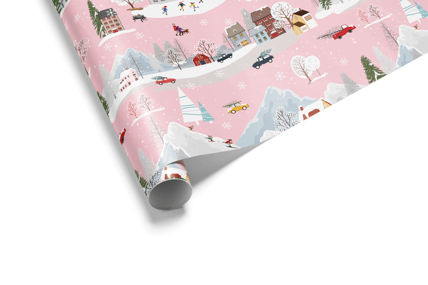 Detailed pink Christmas wrapping paper featuring a winter village scene with houses, ice skaters, trees, and snowy mountains, ideal for a girly Christmas wrapping paper aesthetic.