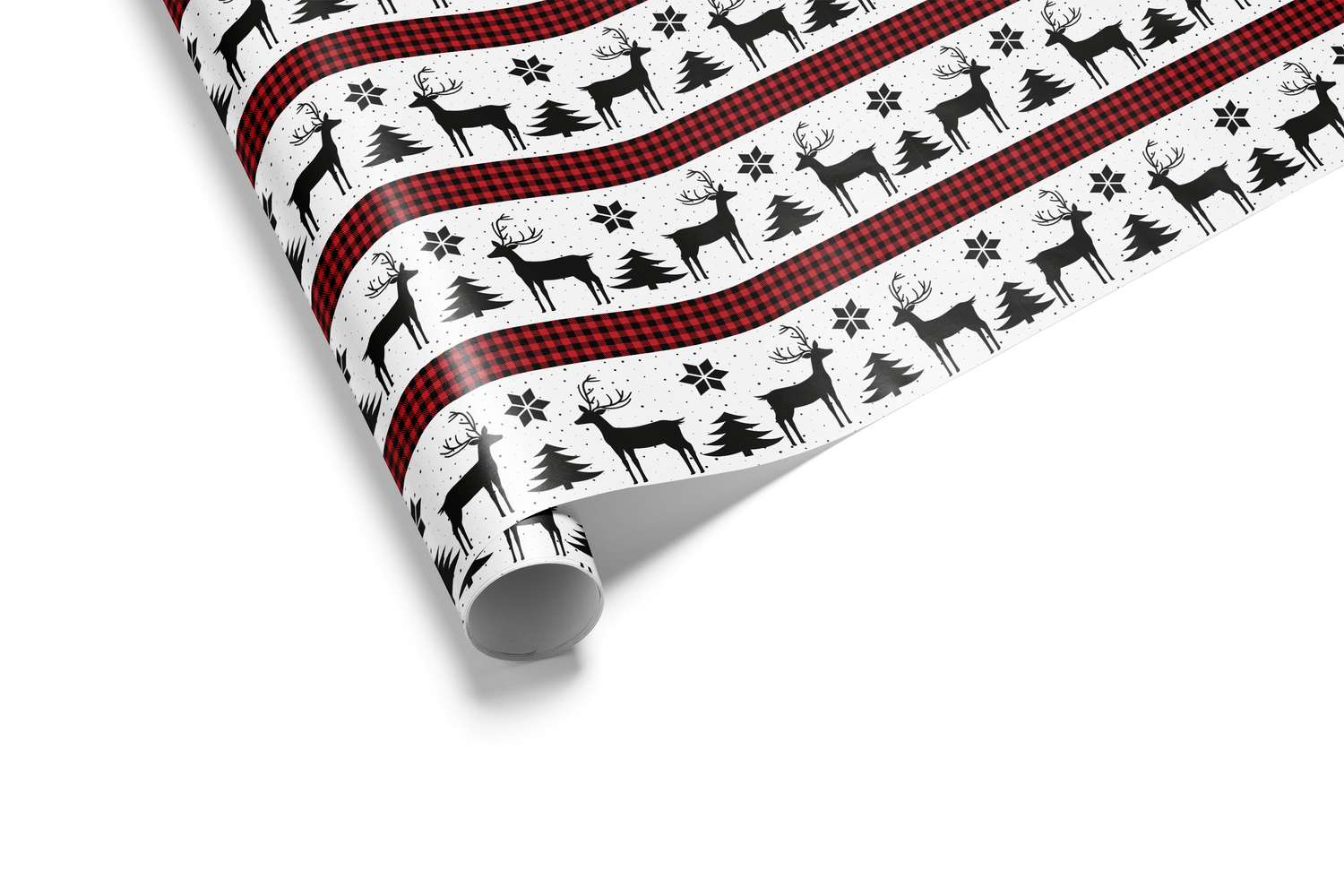 Rustic Christmas wrapping paper with horizontal red and black buffalo plaid stripes and white bands featuring black reindeer and tree silhouettes.