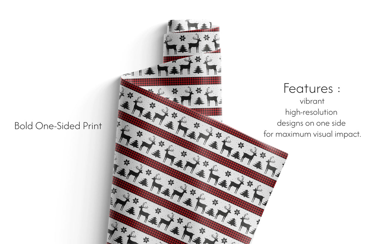 Alt Tag: Christmas Wrapping Paper flannel stripe red black buffalo plaid with white stripes, reindeer silhouettes, Christmas trees and snowflakes