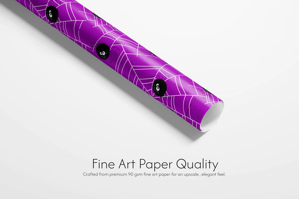 Haus of Wrap’s vibrant purple Halloween gift wrap features chic black spiders and webs—perfect for holiday or birthday presents.