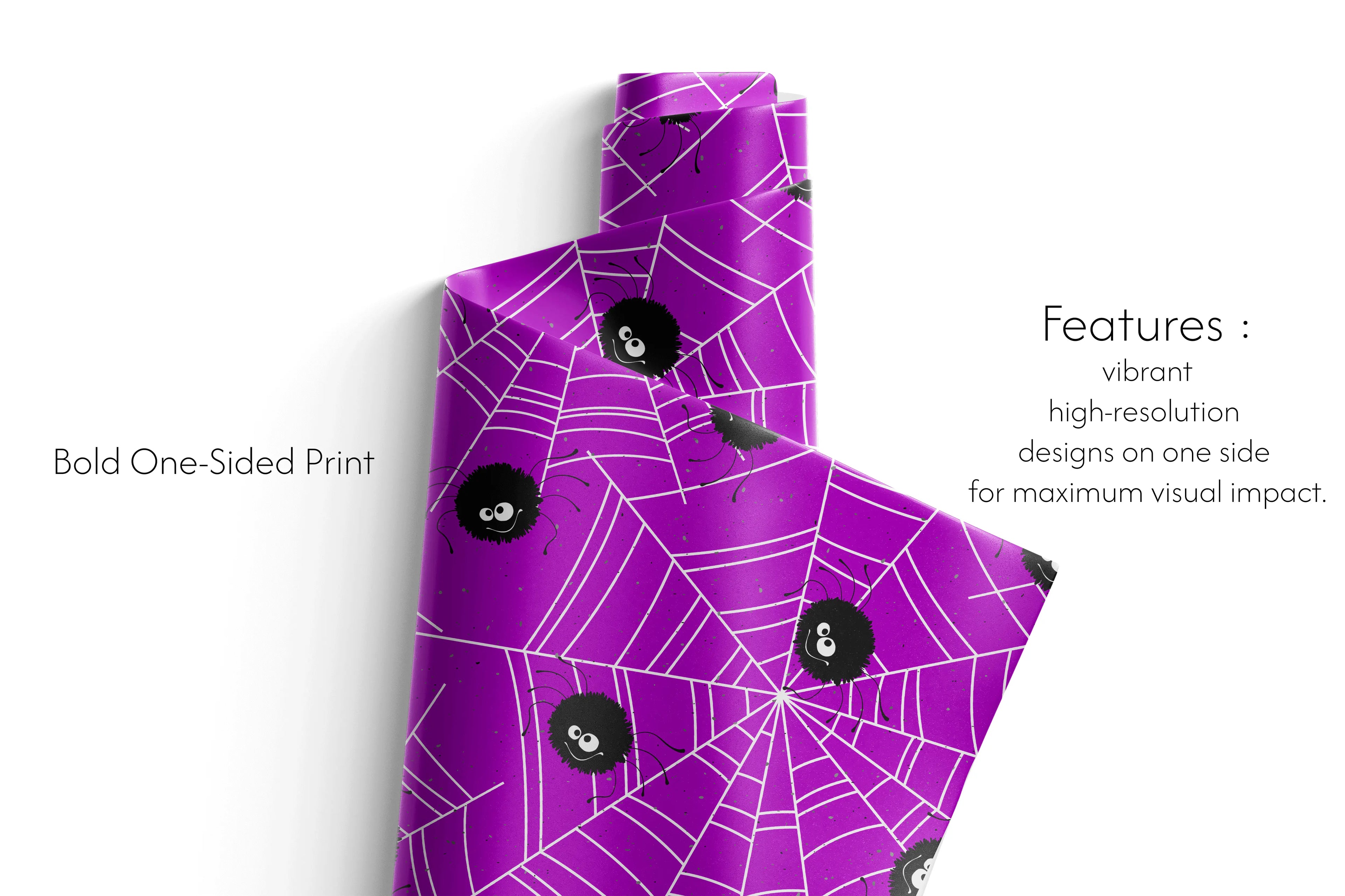 Haus of Wrap: Chic purple Halloween wrapping paper with white webs, black cartoon spiders—perfect gift wrap for birthdays or holidays.