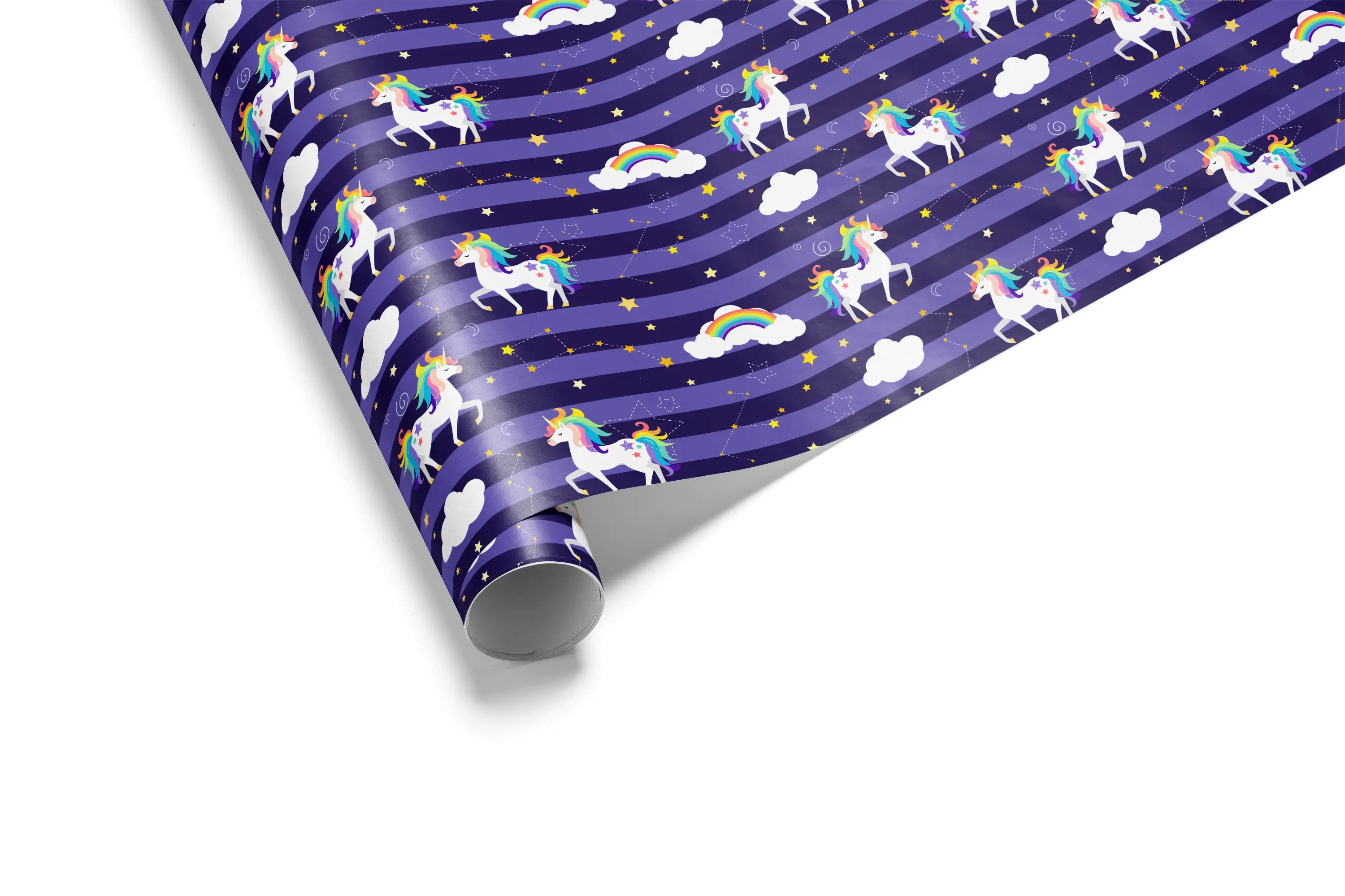 Unicorn Birthday Wrapping Paper Violet Nebula with white unicorns, rainbow manes, purple stripes, gold stars, and clouds