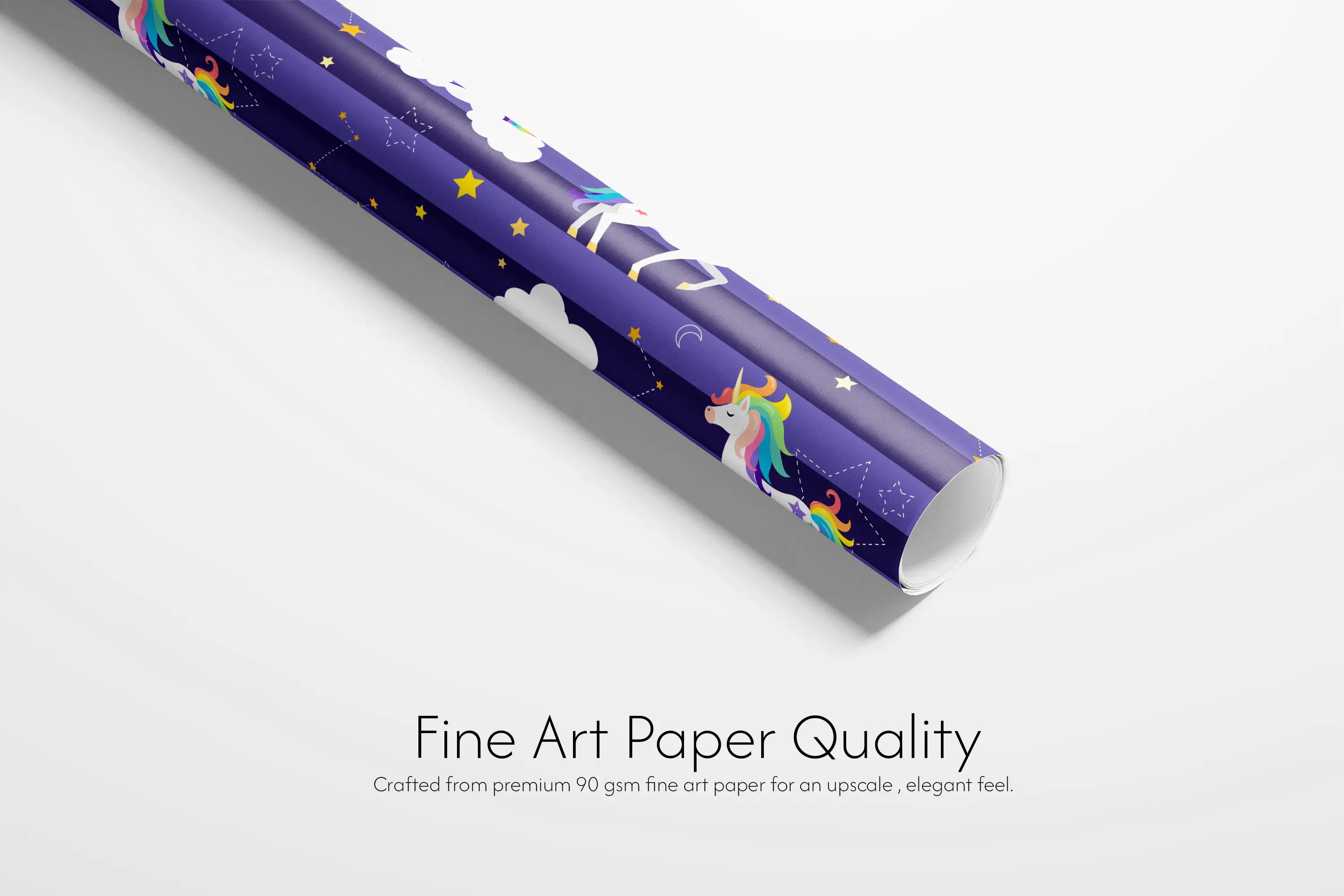 Alt Tag: Unicorn Birthday Wrapping Paper roll, Violet Nebula design with white unicorns, rainbow manes, purple cosmic stripes and gold stars