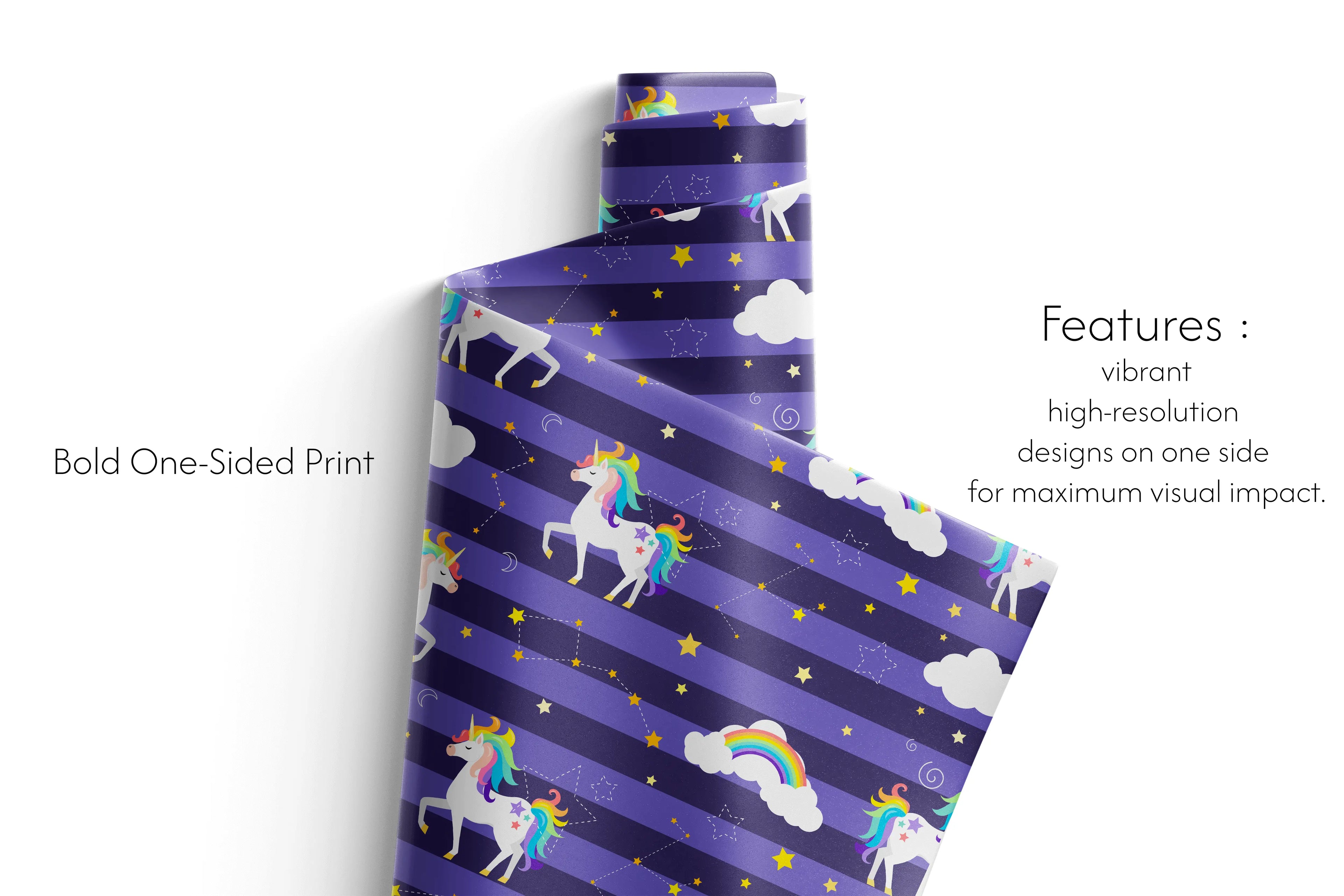 Unicorn Birthday Wrapping Paper featuring white unicorns with rainbow manes on violet striped nebula background with gold stars and clouds