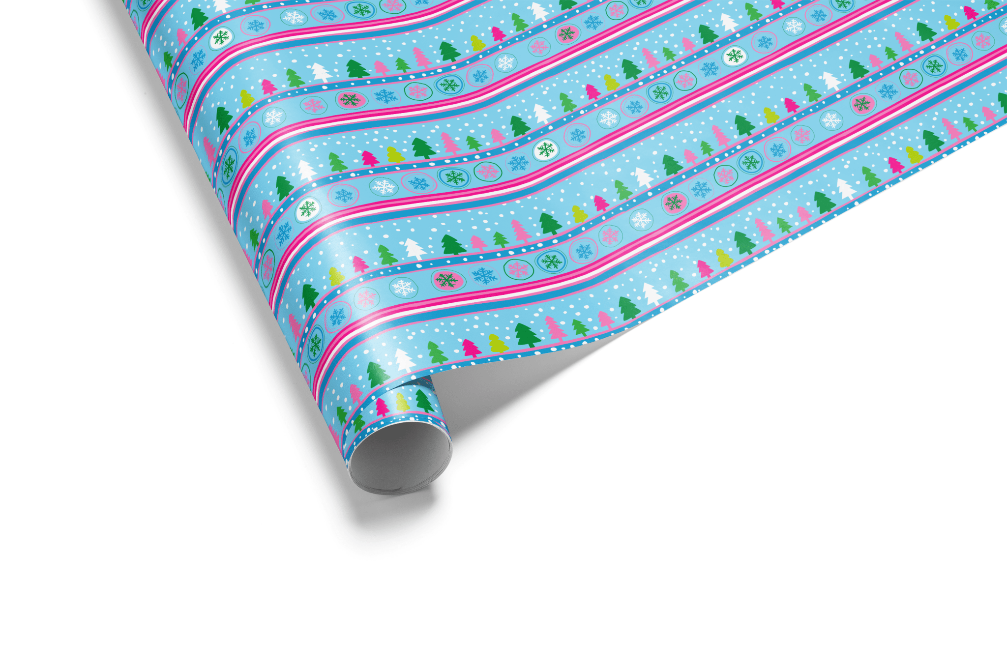Horizontal striped Christmas wrapping paper in bright blue with hot pink accents and miniature Christmas trees and festive icons, ideal for fun Christmas wrapping paper.