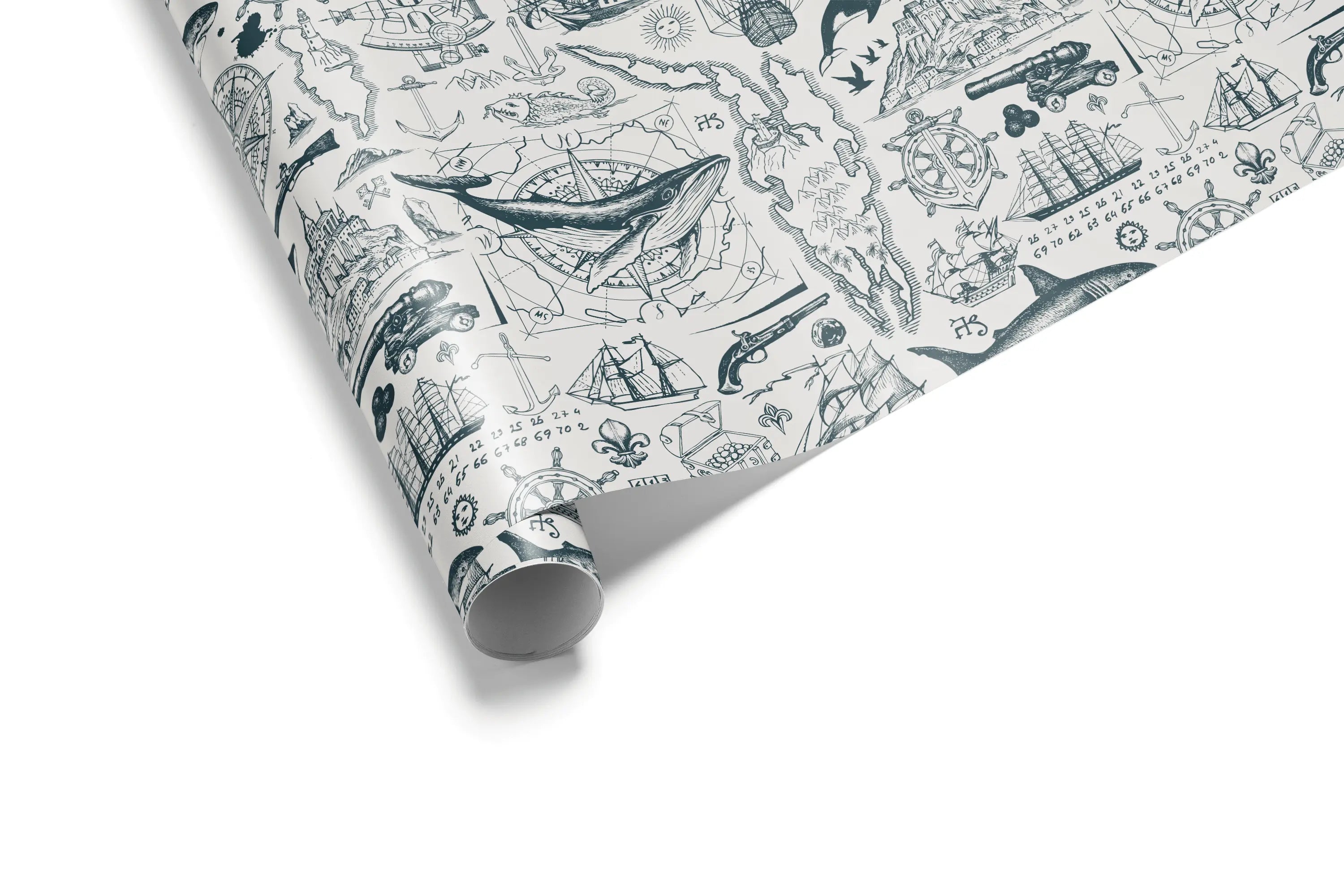 Navy blue nautical wrapping paper with shark and whale sketches, perfect for a mens birthday wrapping paper roll.