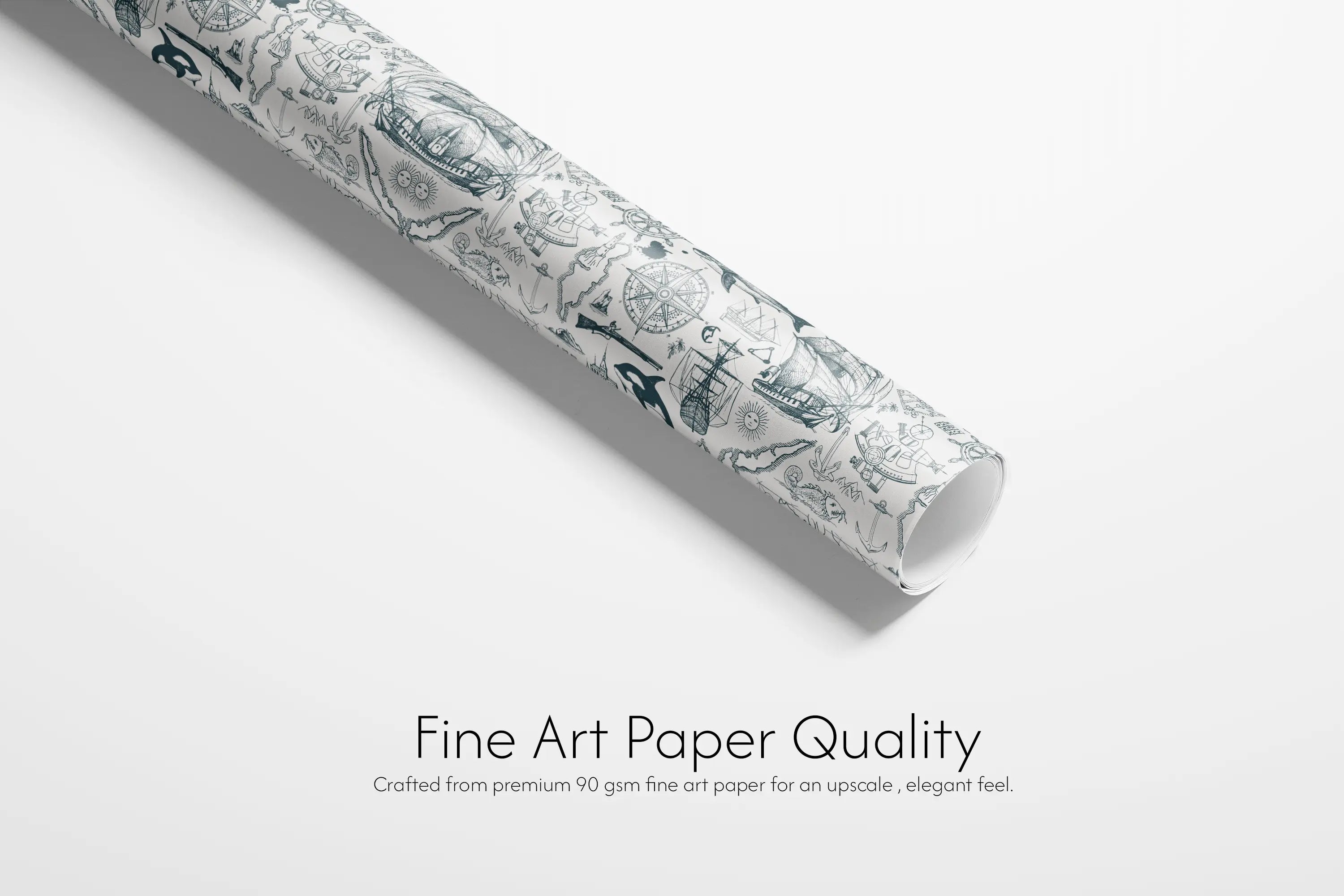 Alt Tag: Mens Birthday Wrapping Paper roll, Slate Voyage nautical pattern with whales, sharks, compass roses and sailing ships