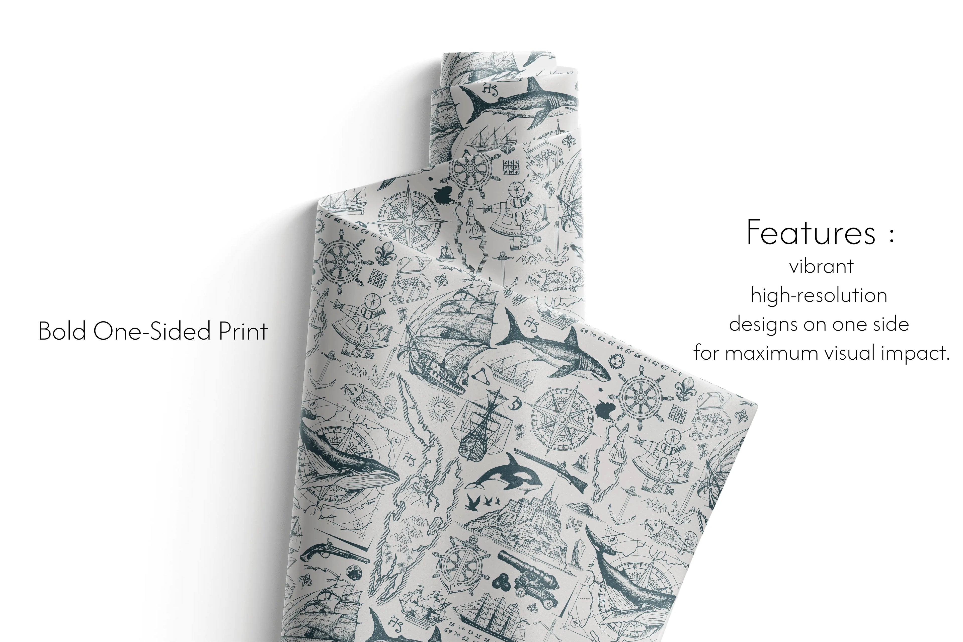 Alt Tag: Mens Birthday Wrapping Paper Slate Voyage nautical gift wrap with navy-slate whales, sharks, compass roses and vintage ships