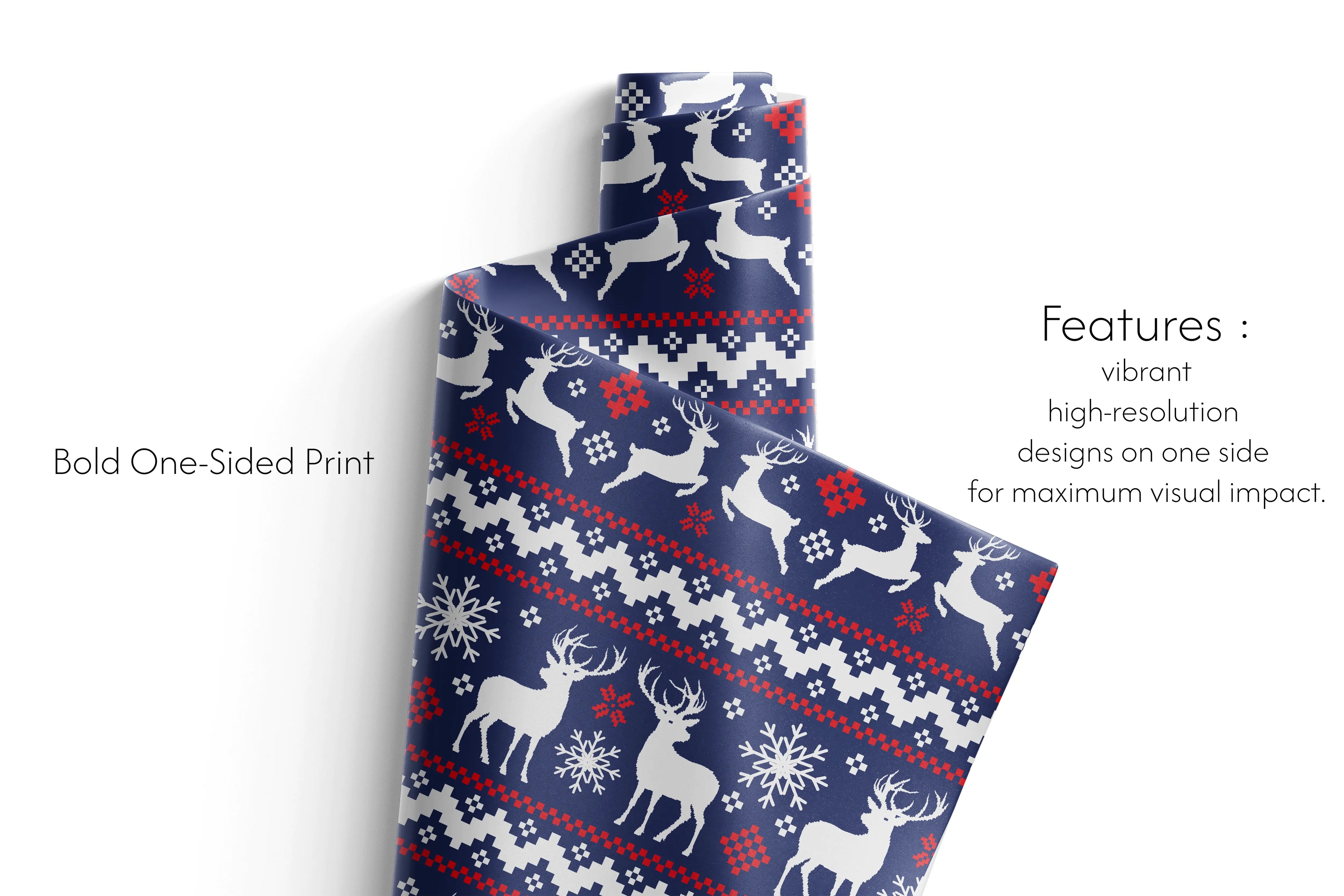 Haus of Wrap Nordic Stag gift wrap: navy blue, white reindeer snowflakes—festive for holiday, wedding, or birthday gifts.