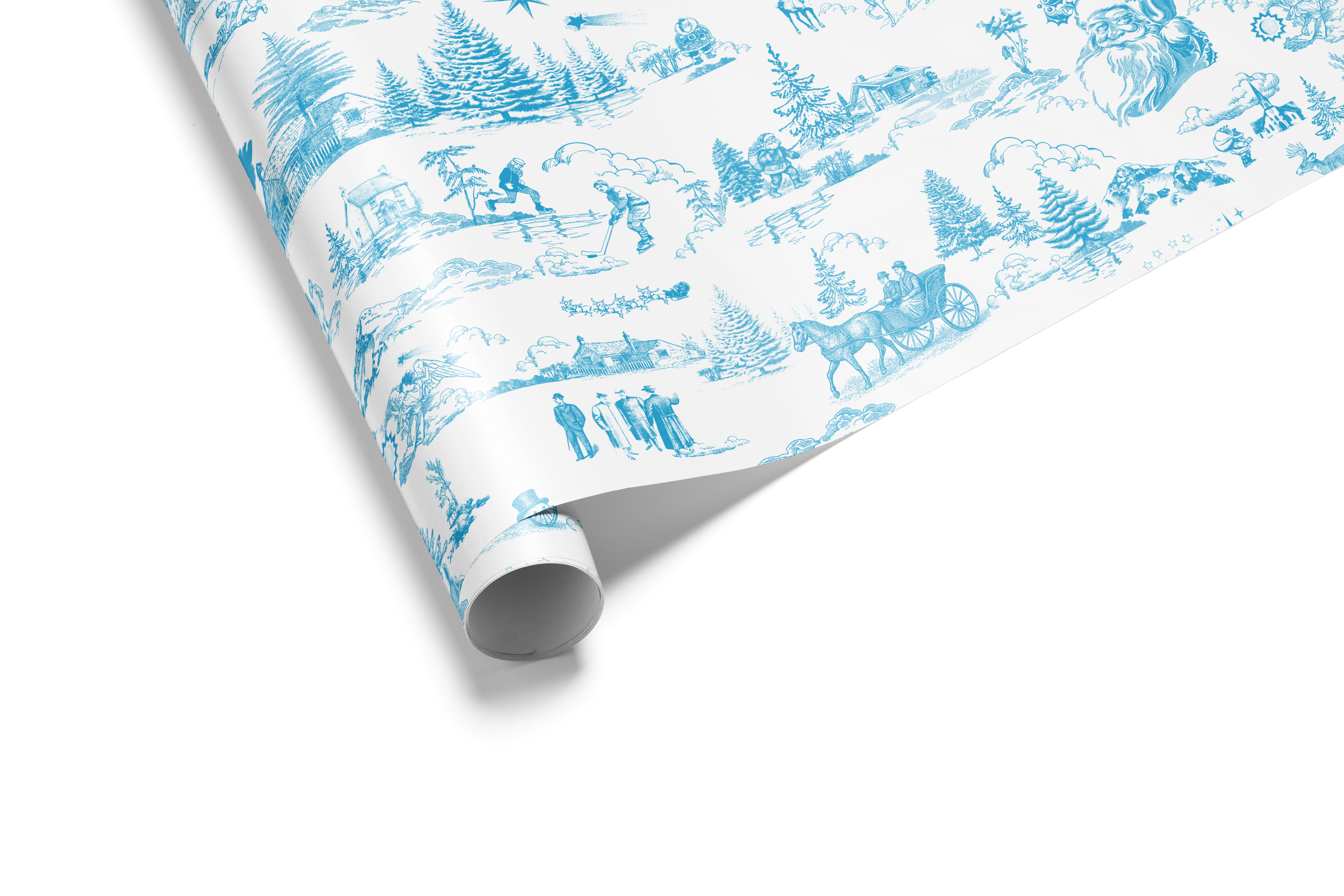 White and blue Christmas wrapping paper with a classic winter toile de jouy pattern showing reindeer and snowy cottages.