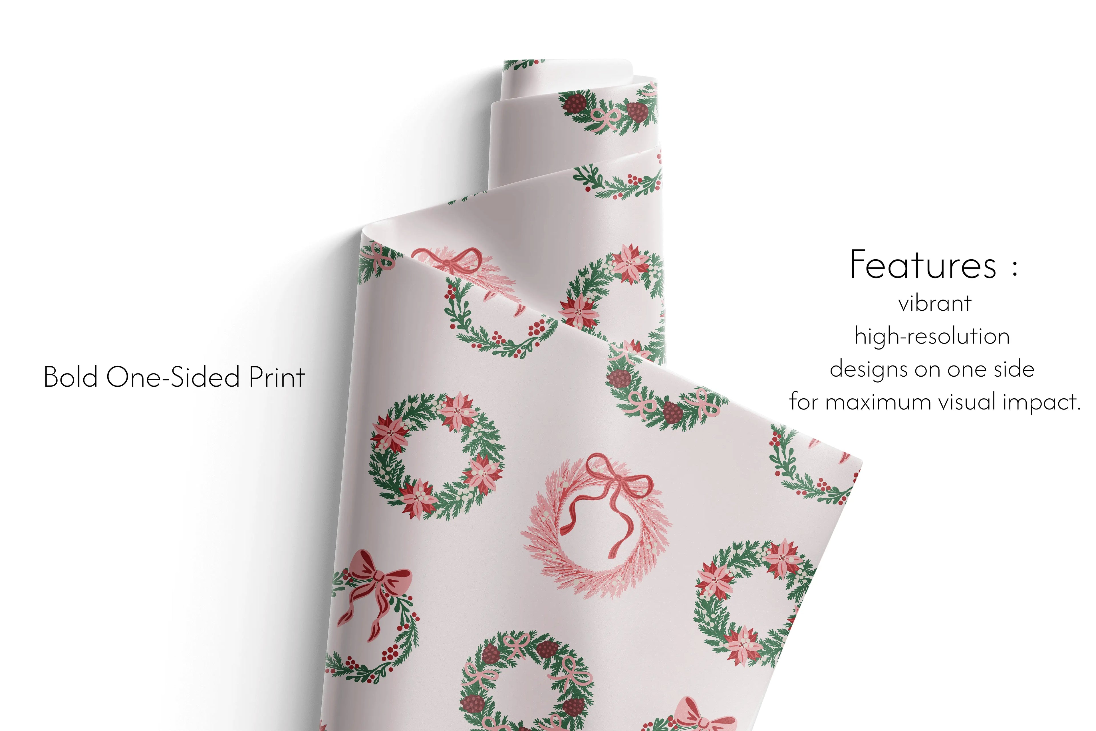 Christmas Pink Wrapping Paper Petal Wreath design with festive wreaths, bows, and pink backdrop on gift wrap roll