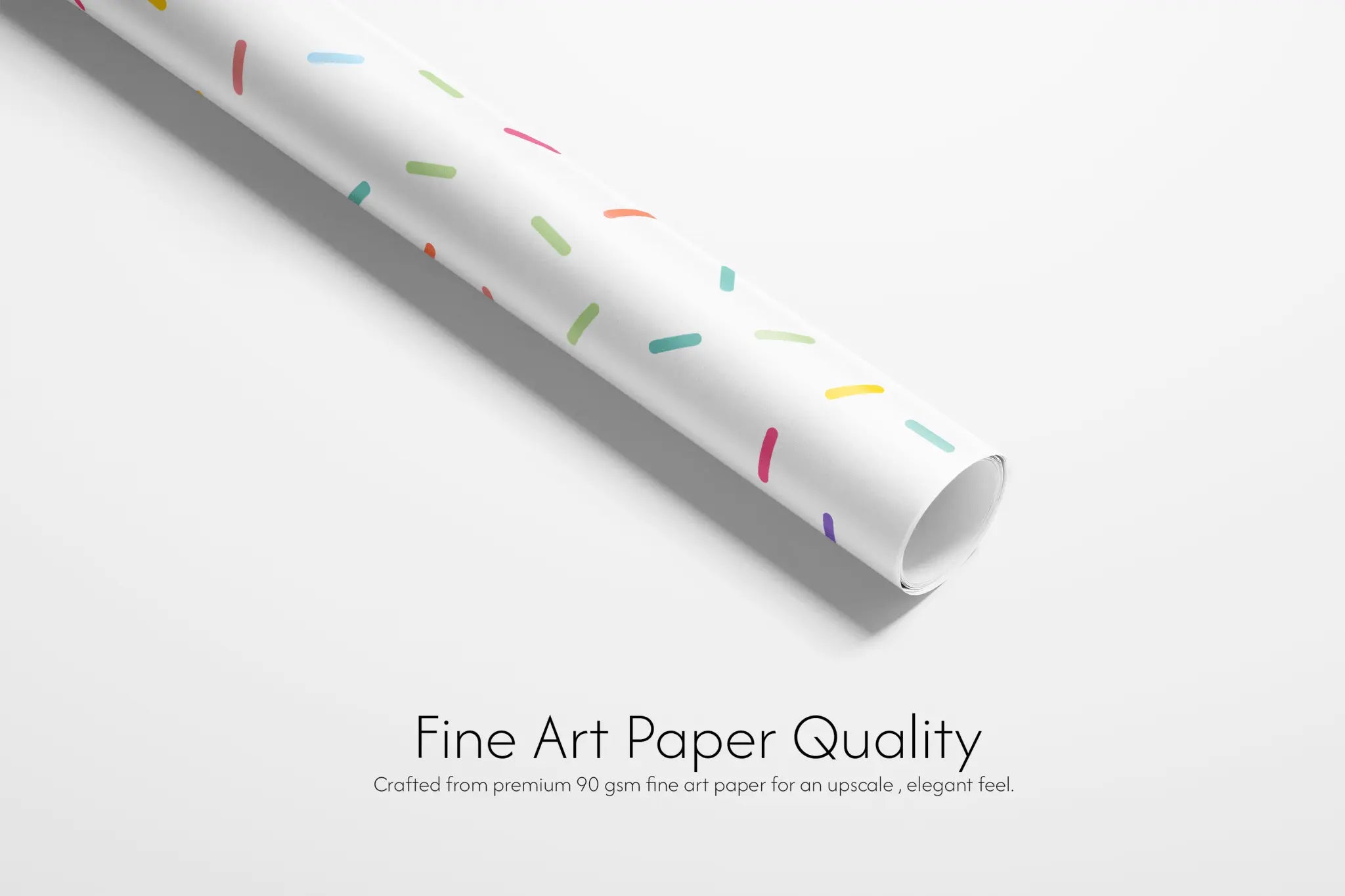 Alt Tag: Birthday Gift Wrap Confetti Sprinkle wrapping paper roll with pastel rainbow sprinkles on white, fine art paper quality