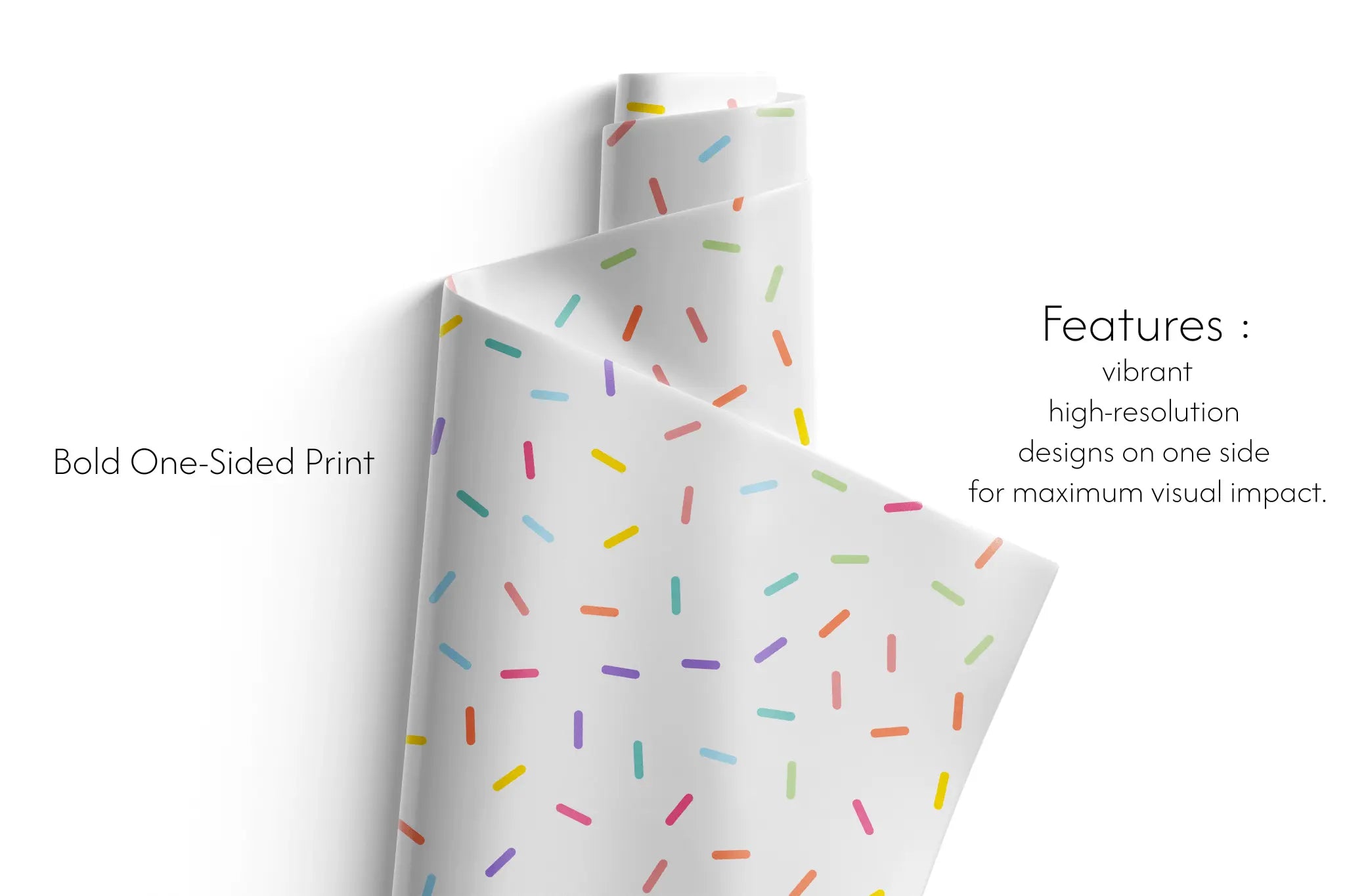 Birthday Gift Wrap confetti sprinkle wrapping paper roll with pastel rainbow sprinkles on white, one-sided vibrant high-resolution print