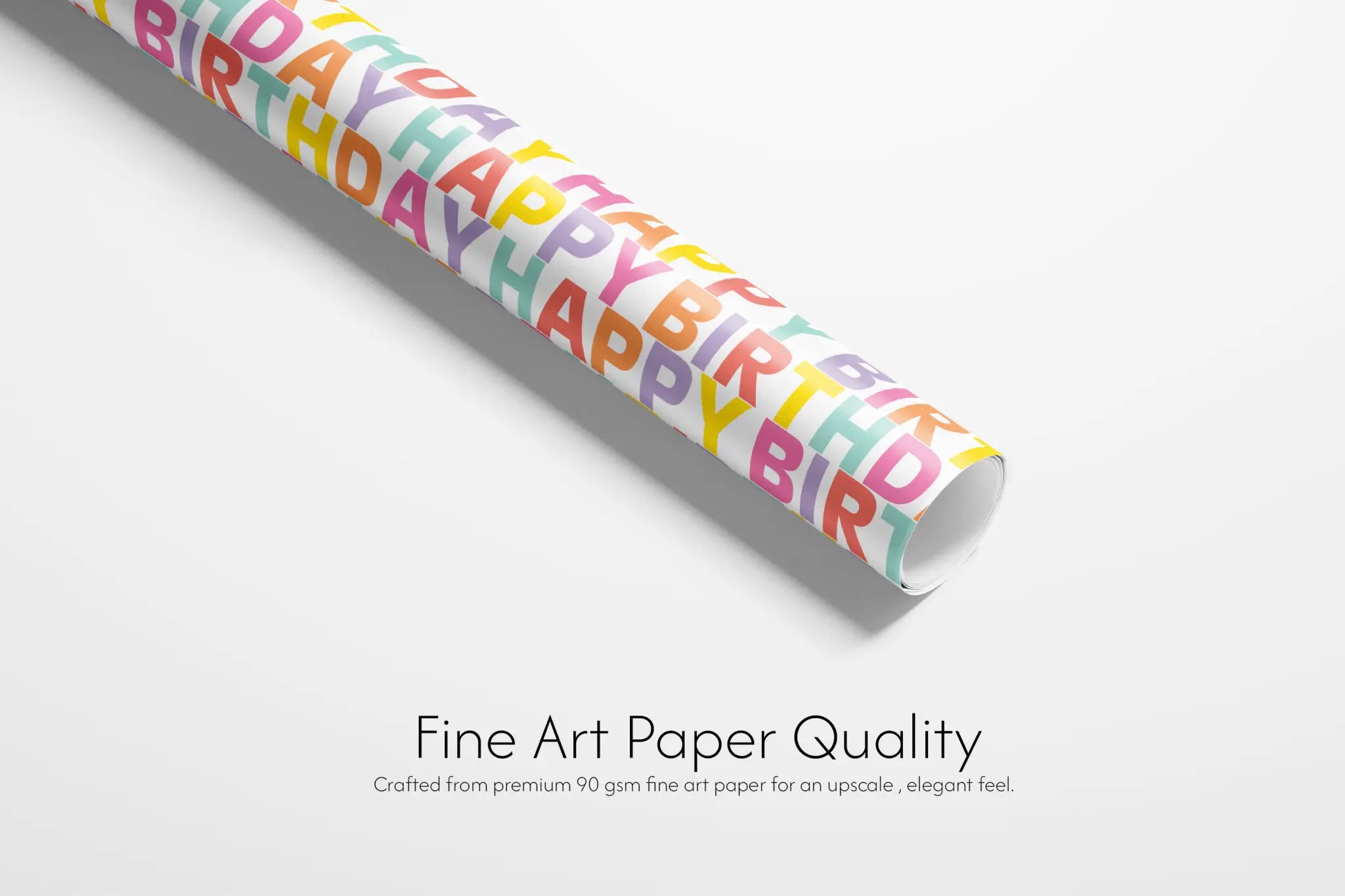 Colorful rainbow typography wrapping paper with "Happy Birthday" text. Vibrant Solstice Gala gift wrap for modern parties.