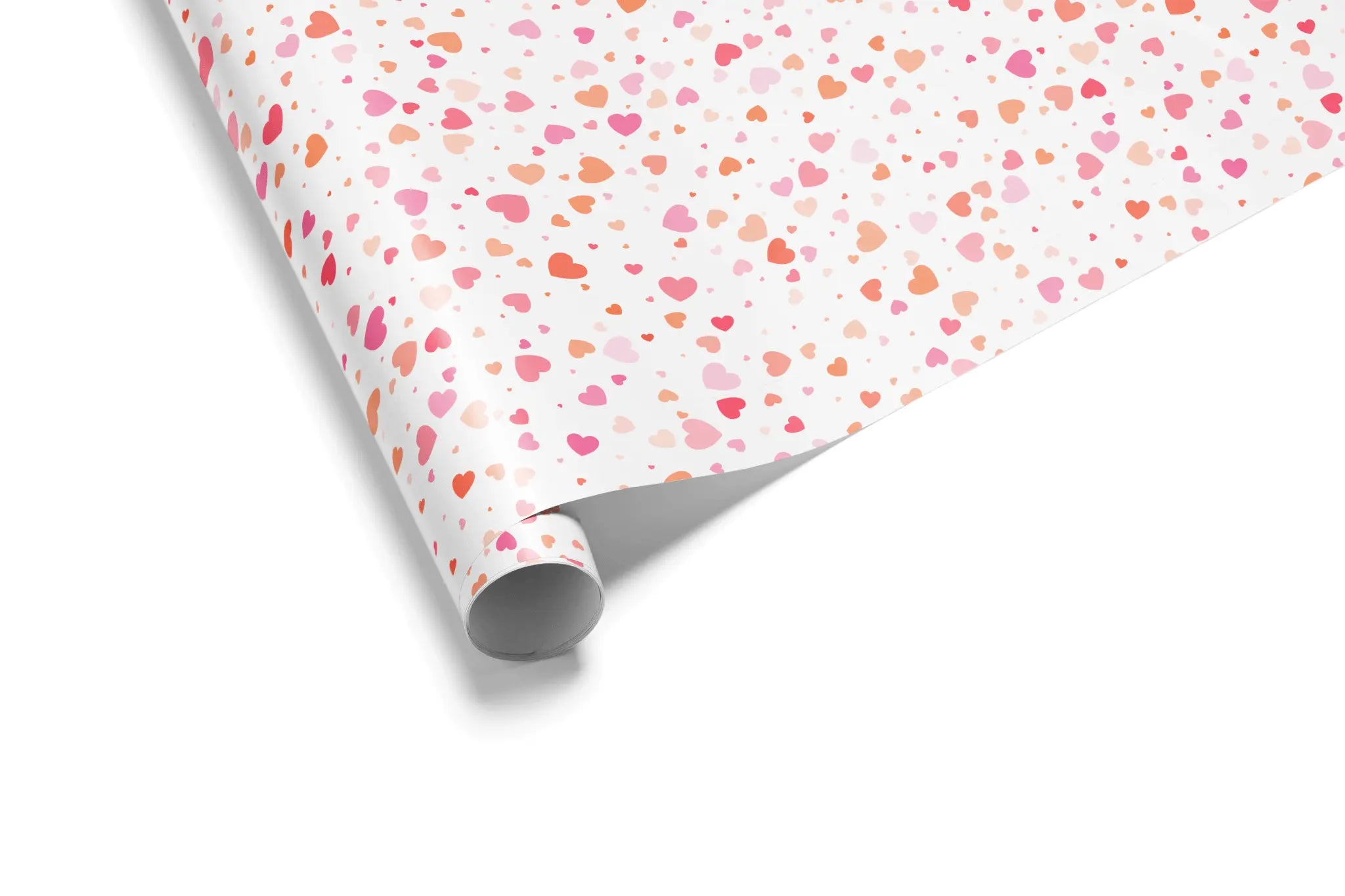 Haus of Wrap heart gift wrap: vibrant pink, red orange hearts on white. Perfect for birthday, wedding, or holiday wrapping paper.