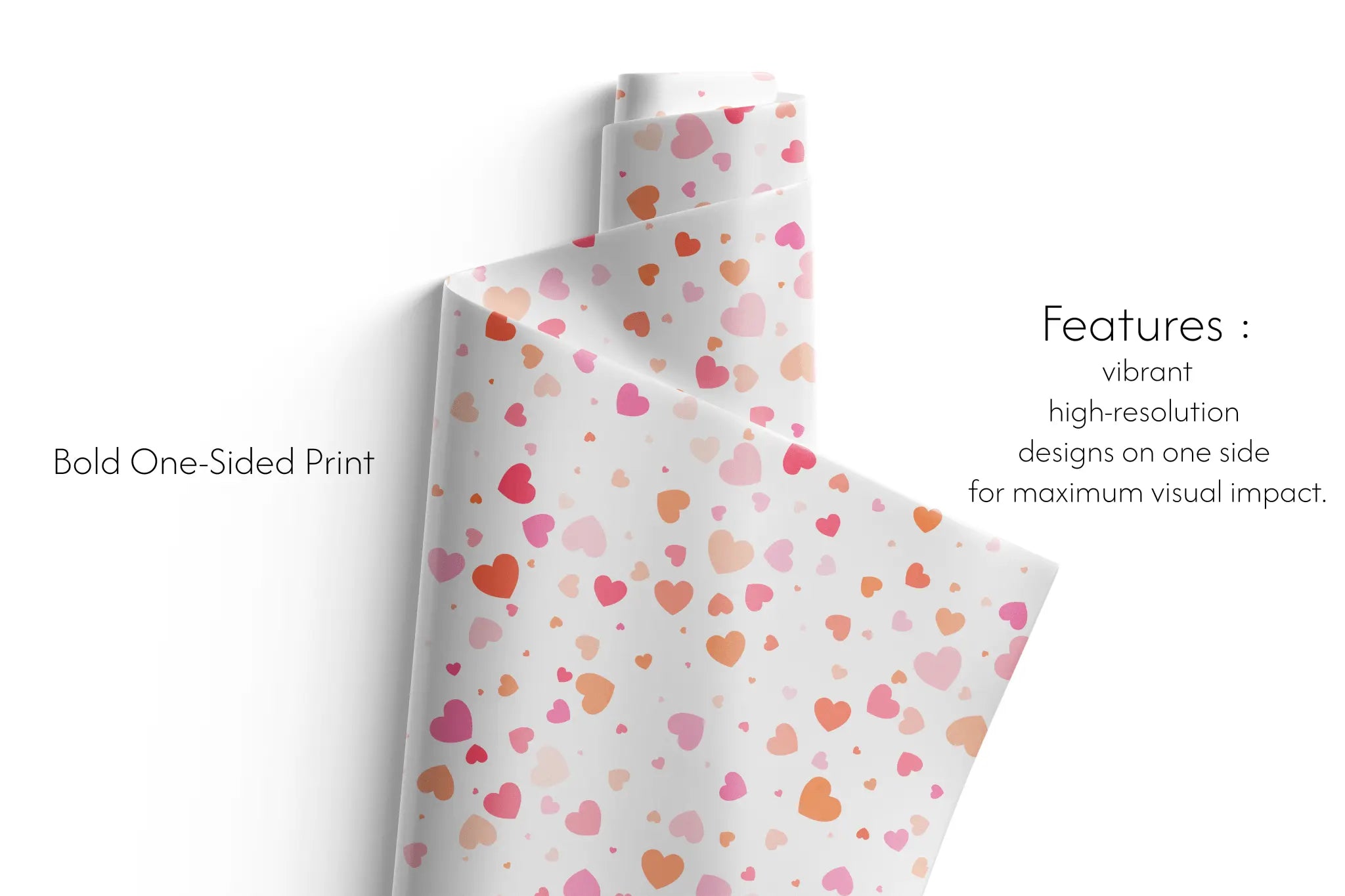 Haus of Wraps Flutter Fall gift wrap: premium white paper with chic pink-orange hearts—perfect for birthday, wedding, or holiday gifts.