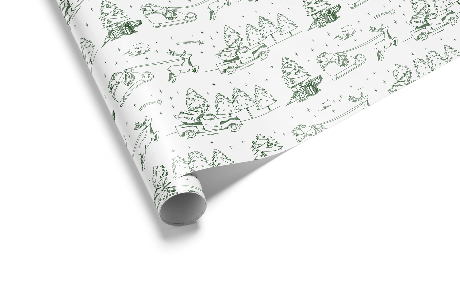 Off-white Christmas wrapping paper with a fine pattern of winter scenes, trees, and cottages rendered in a single, muted sage green line art.