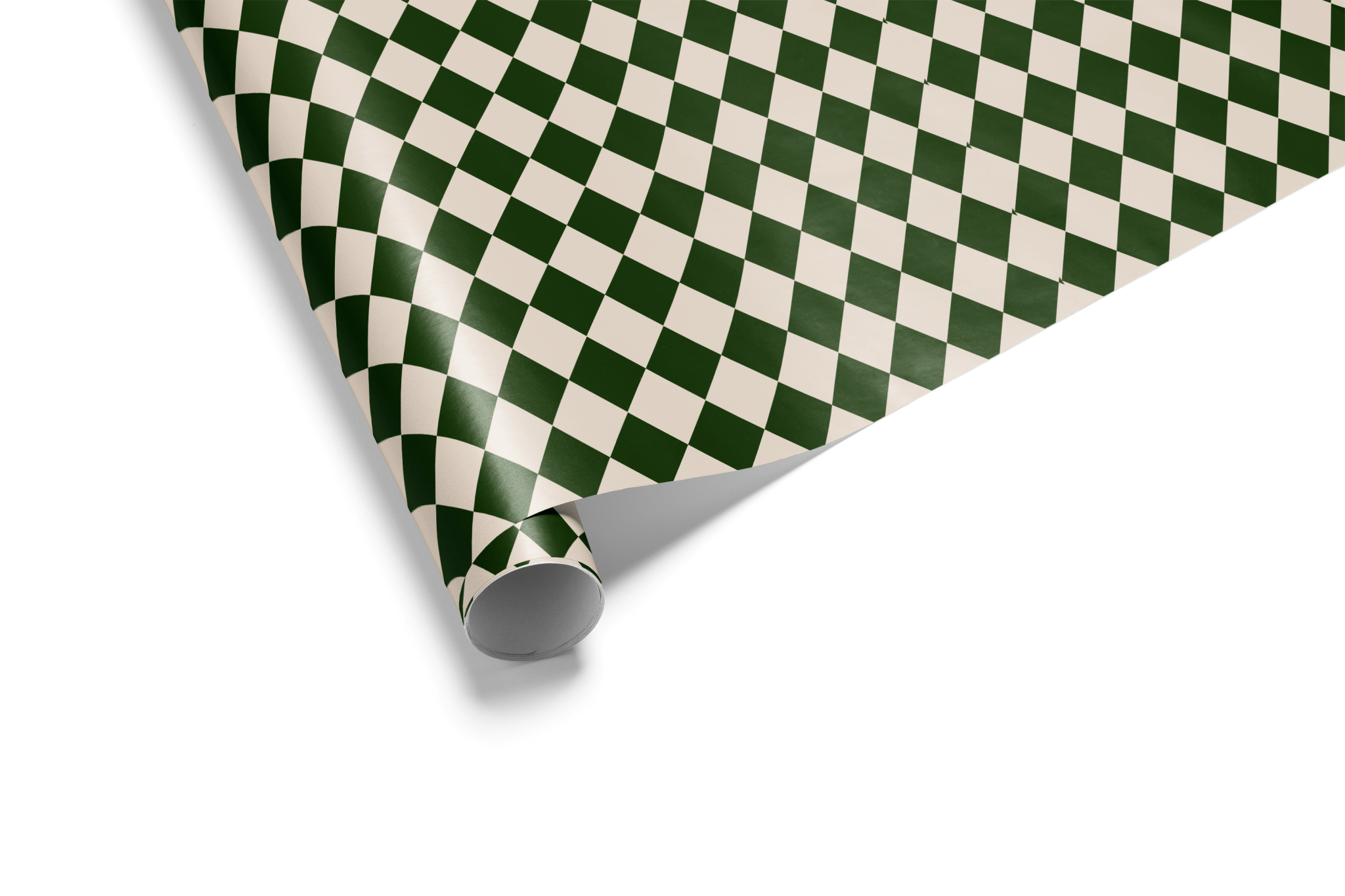 Diamond checkerboard wrapping paper (Harlequin pattern) in high-contrast deep forest green and light cream, ideal for mens wrapping paper and geometric wrapping paper.