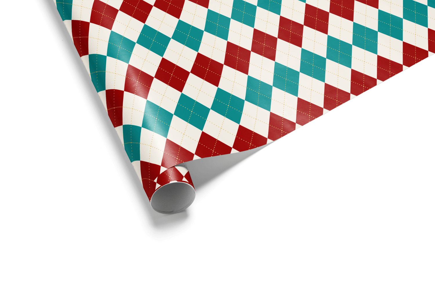 White wrapping paper with a dense, repeating Argyle (diamond) geometric pattern in high-contrast red and teal/turquoise colors, ideal for modern Christmas wrapping paper.