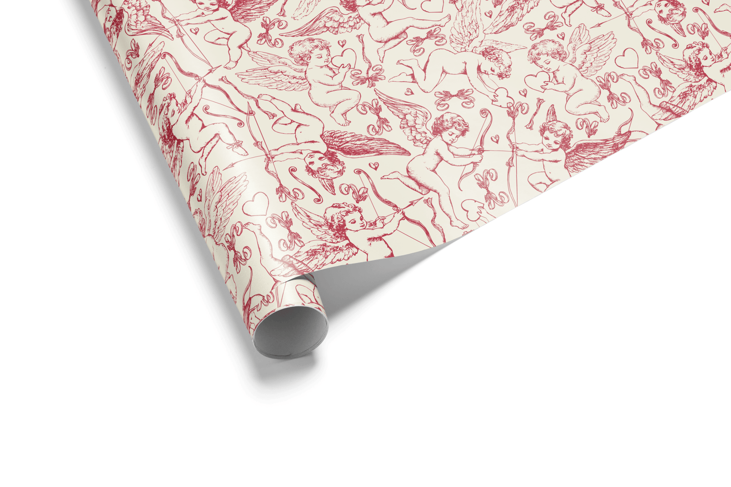 Creamy beige wrapping paper with a dense, repeating pattern of red hand-drawn cupids, hearts, bows, and arrows, ideal for Valentine&