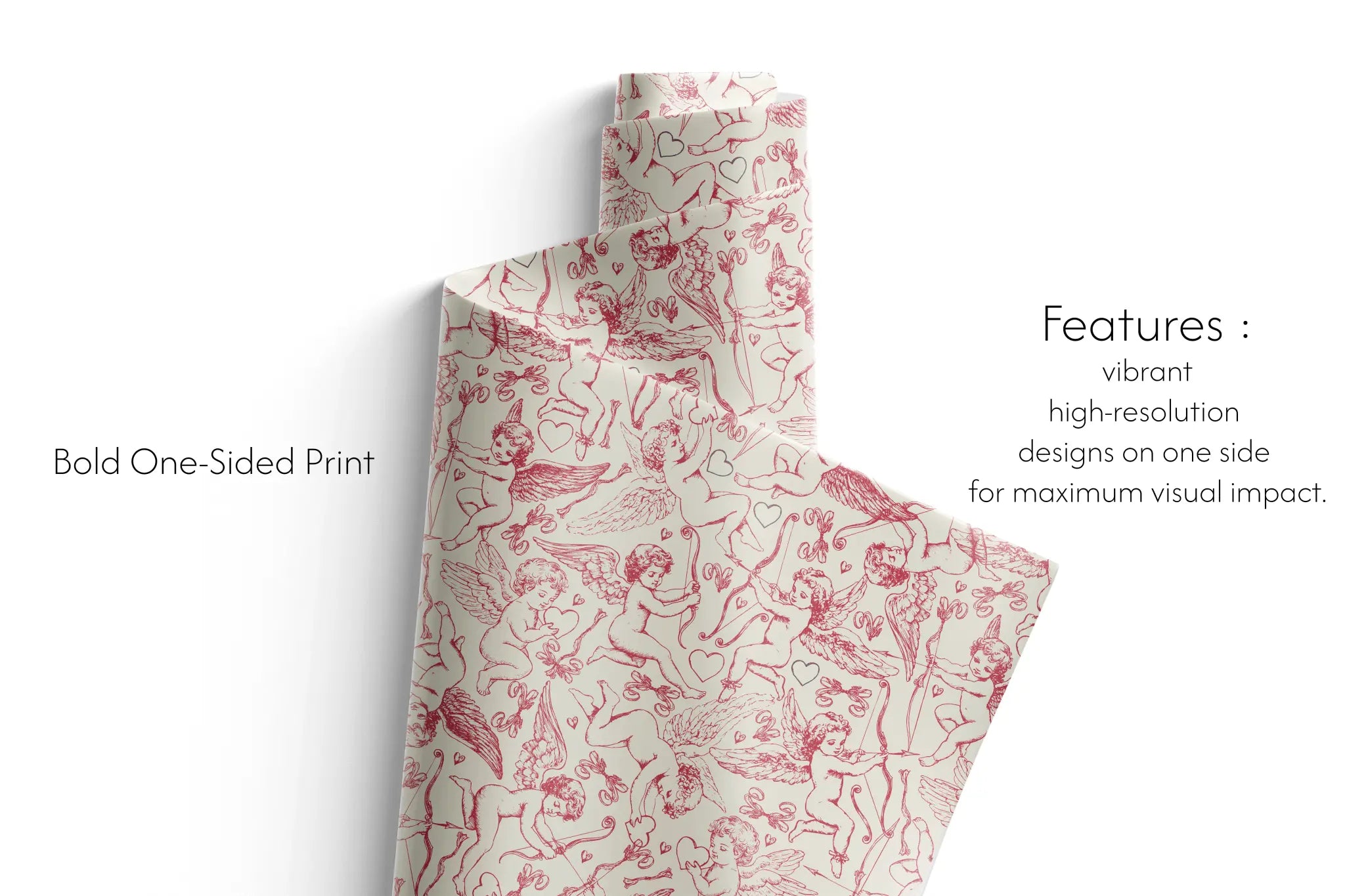 Haus of Wrap red cherub toile gift wrap—romantic, bold design for birthdays, weddings, or holidays. Boutique wrapping paper.