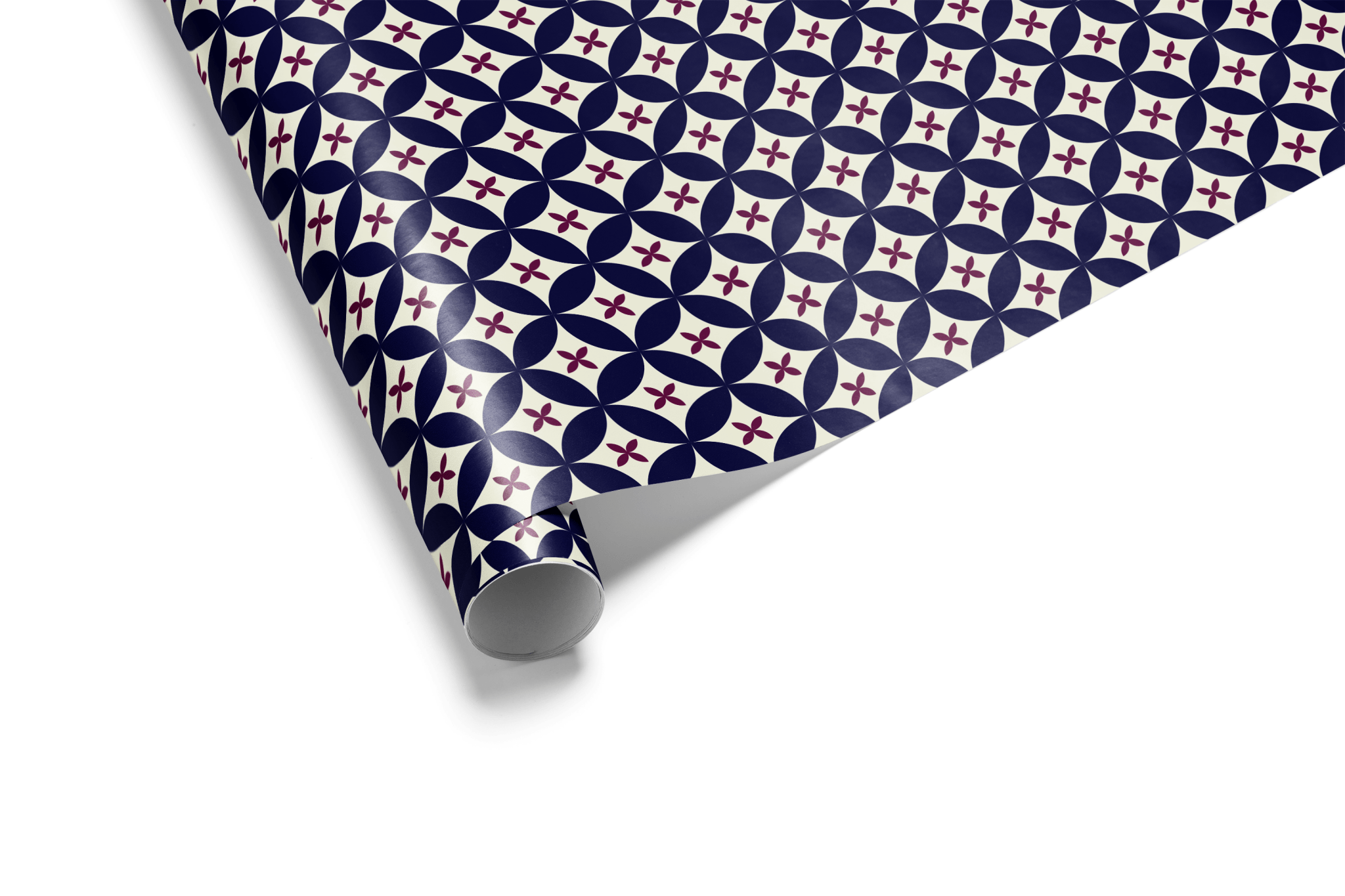 Dense navy blue wrapping paper with an intricate geometric micro-pattern of tiny white interlocking stars and circles, ideal for luxury gift wrap and geometric wrapping paper.