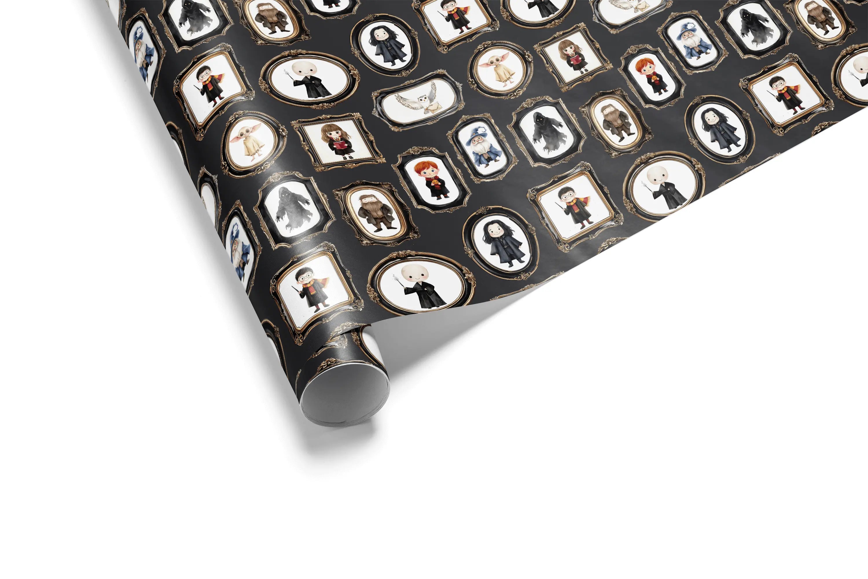 Haus of Wrap’s elegant portrait gift wrap showcases whimsical framed illustrations—perfect for birthdays, weddings, or holidays.