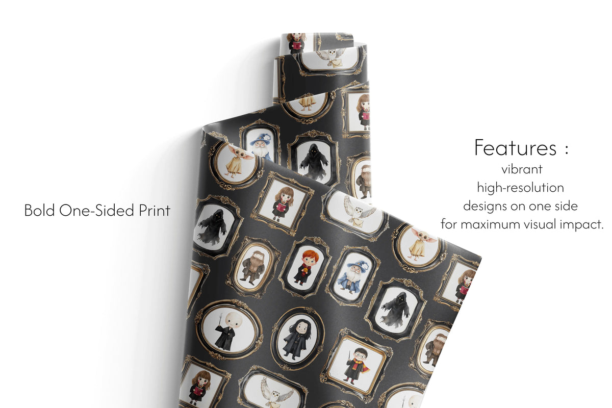 Haus of Wraps bold, vibrant cartoon gift wrap—magical on black, perfect for birthdays, weddings, or holiday wrapping paper.
