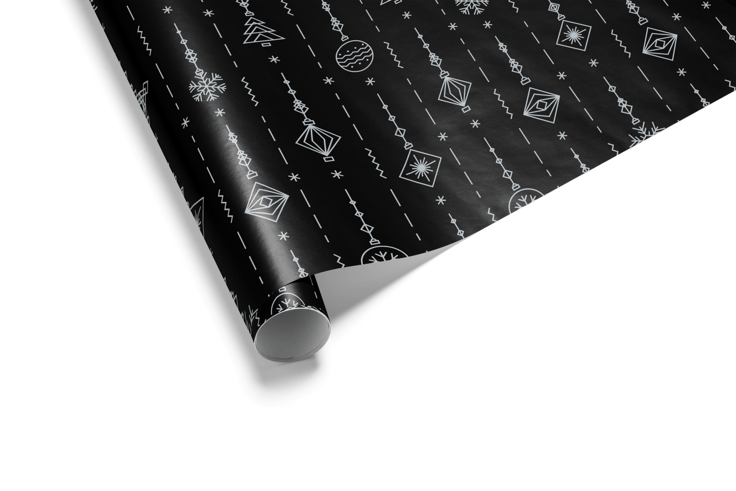 Solid black Christmas wrapping paper with a dense, vertical striped pattern made of small silver ornaments, snowflakes, and geometric shapes, ideal for black and silver luxury wrap.