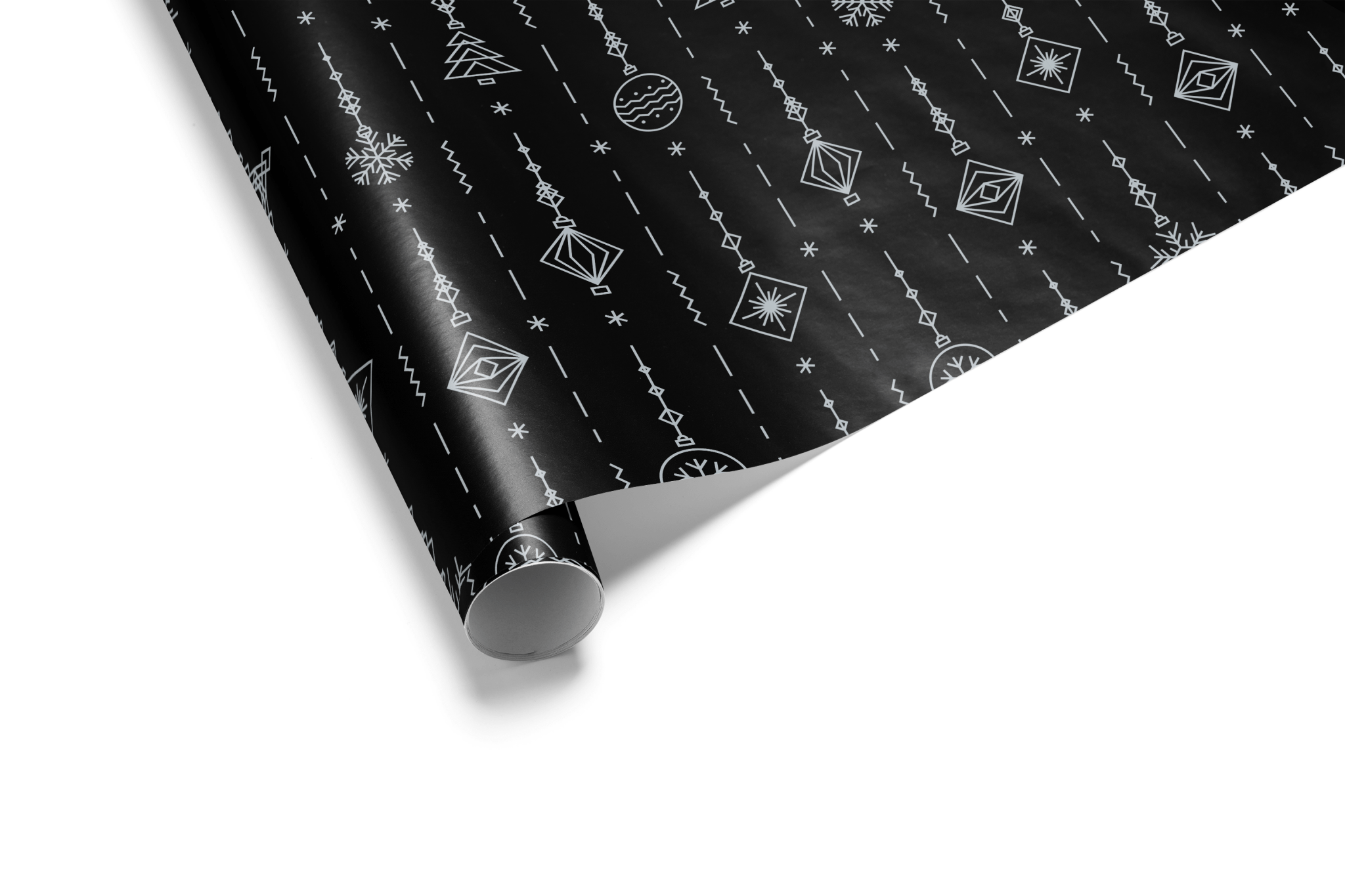 Solid black Christmas wrapping paper with a dense, vertical striped pattern made of small silver ornaments, snowflakes, and geometric shapes, ideal for black and silver luxury wrap.