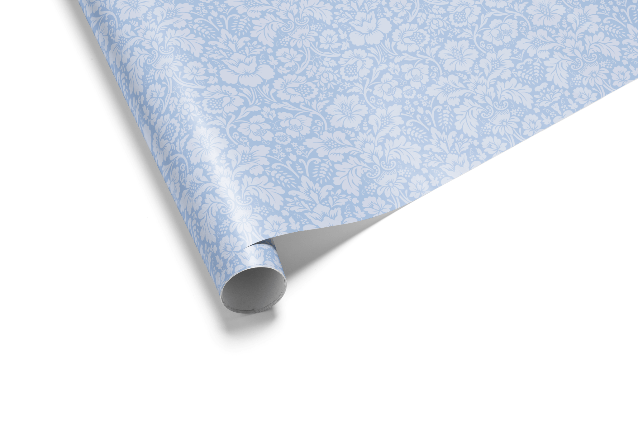 Light blue wrapping paper with a dense, repeating tone-on-tone Damask pattern of intricate floral and scroll motifs, ideal for wedding wrapping paper and elegant wrapping paper.