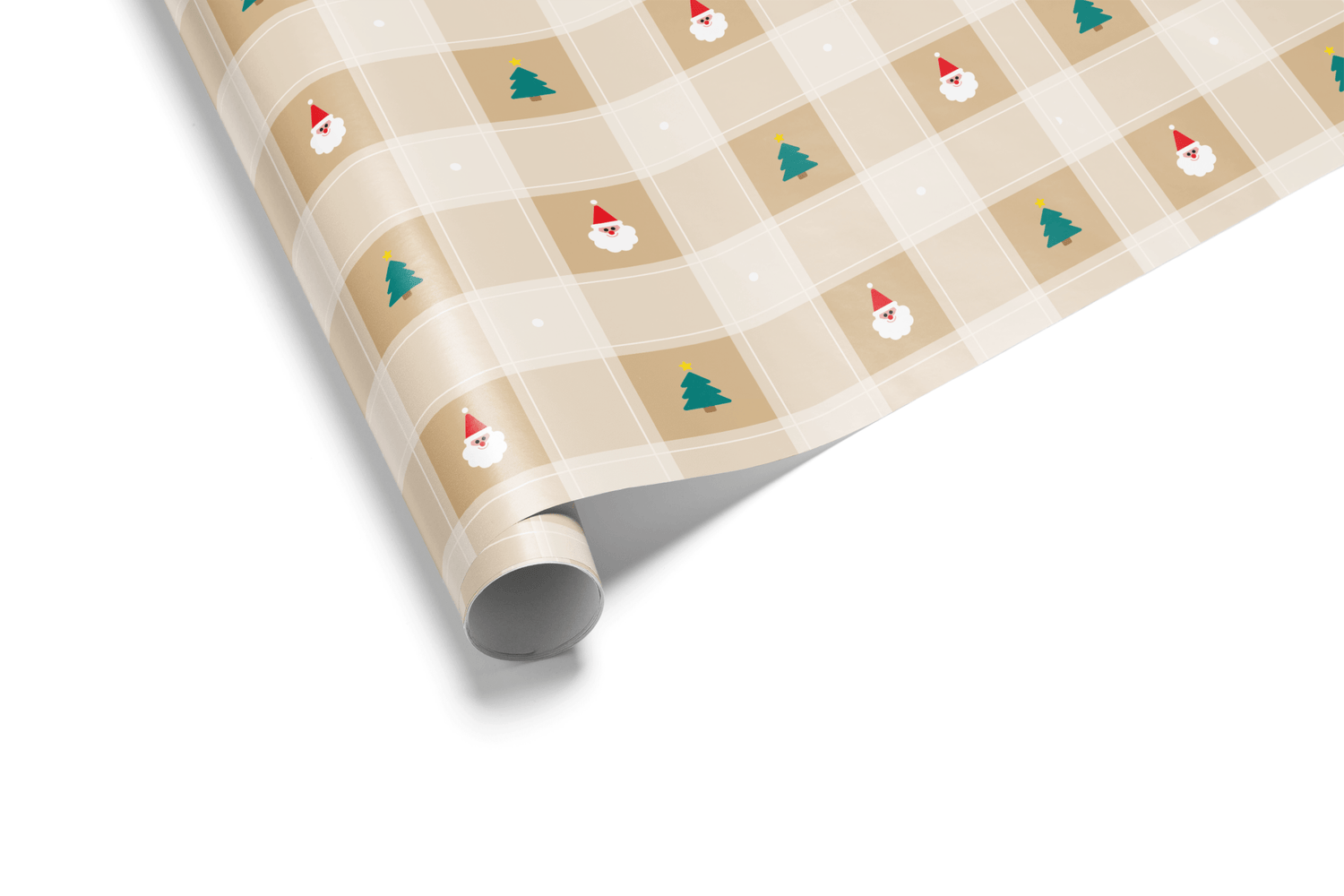 Light tan and cream gingham or checkerboard wrapping paper with a fine grid of miniature green Christmas trees and red dots, ideal for rustic Christmas wrapping paper.