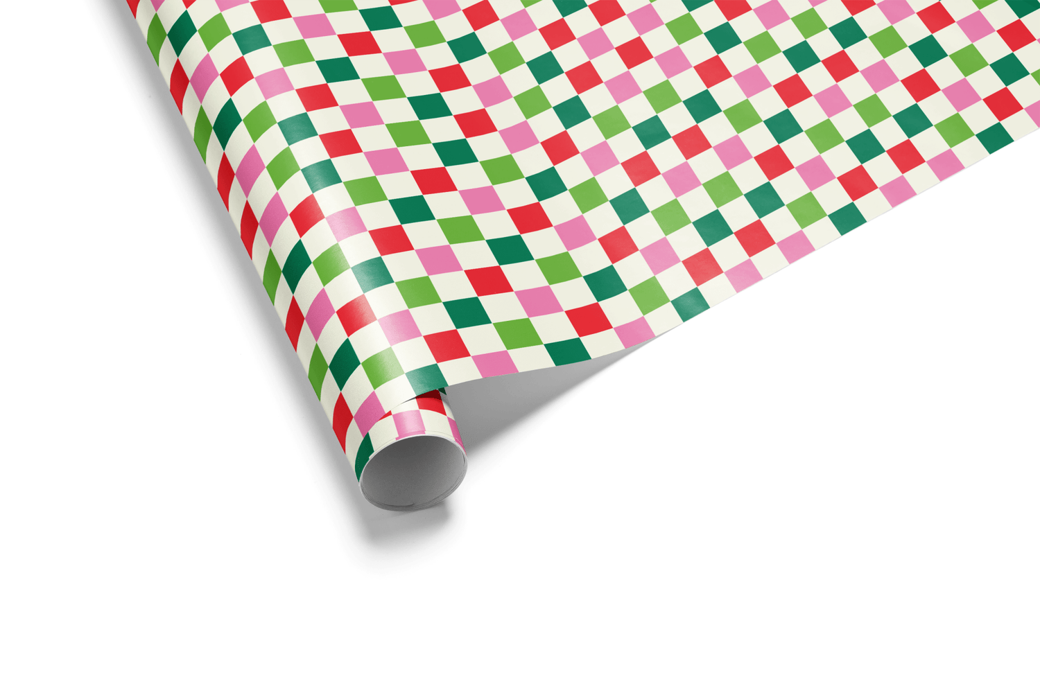 Dense checkerboard wrapping paper mosaic in high-contrast pink, red, and two shades of green on a cream background, ideal for modern Christmas wrapping paper.