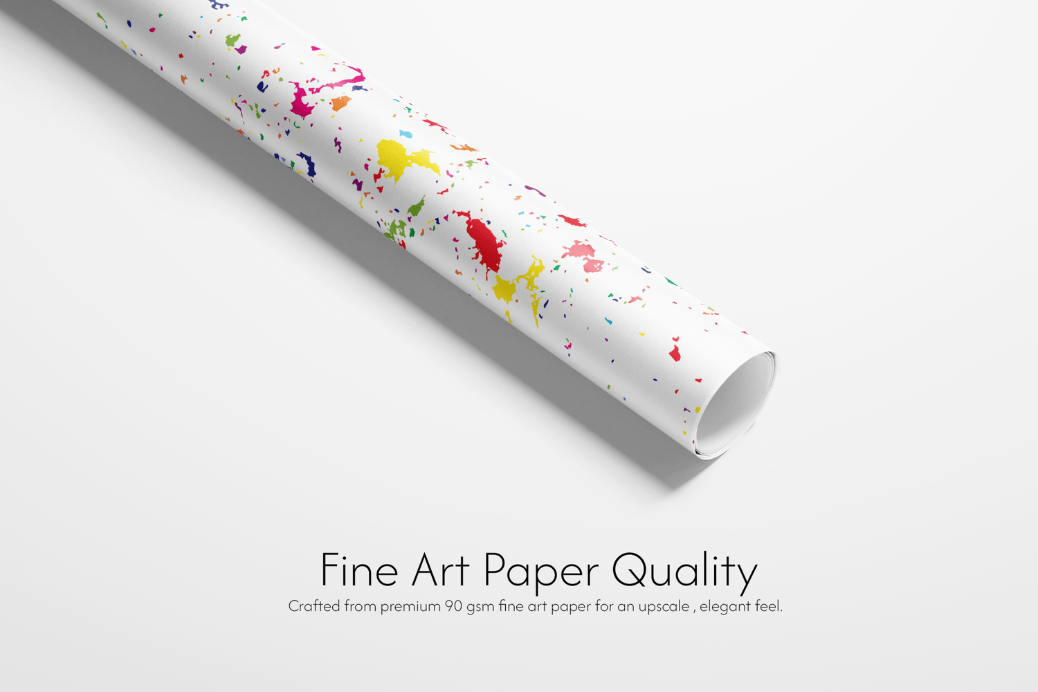 Roll of paper with colorful splashes on a white background, labeled &