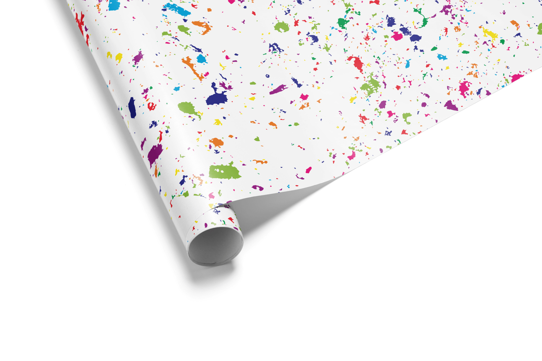 White wrapping paper covered in a dense, scattered pattern of tiny paint splatters in red, blue, green, yellow, and other rainbow colors.