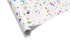 White wrapping paper covered in a dense, scattered pattern of tiny paint splatters in red, blue, green, yellow, and other rainbow colors.