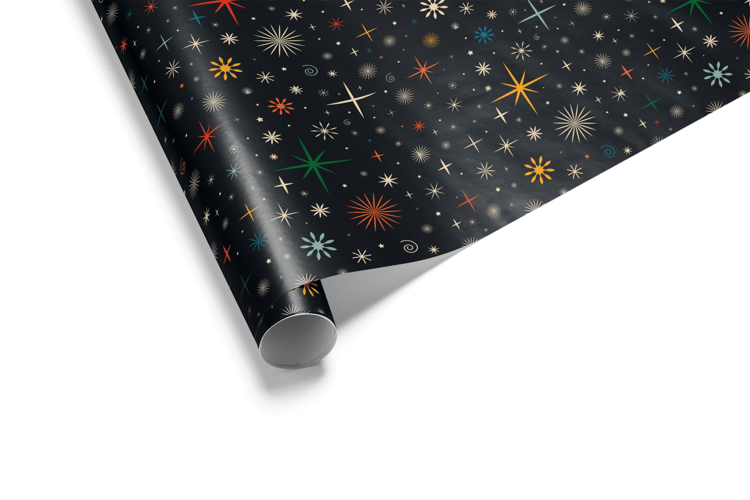 Retro Christmas wrapping paper with colorful starburst patterns on black background.