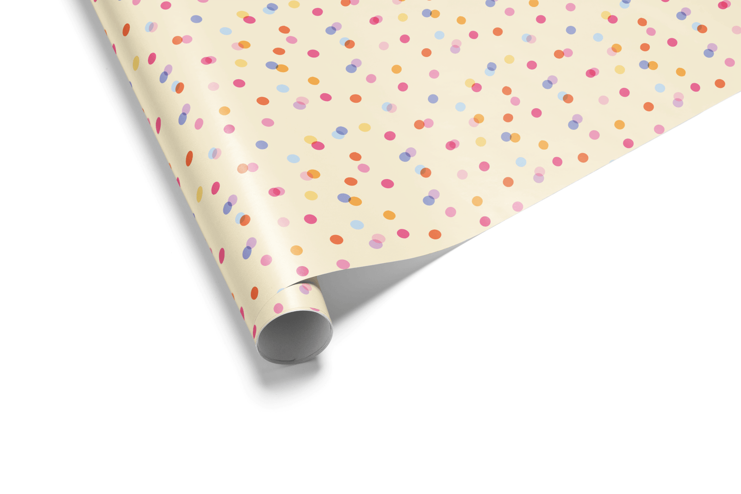Pastel polka dot wrapping paper with colorful dots on cream background.